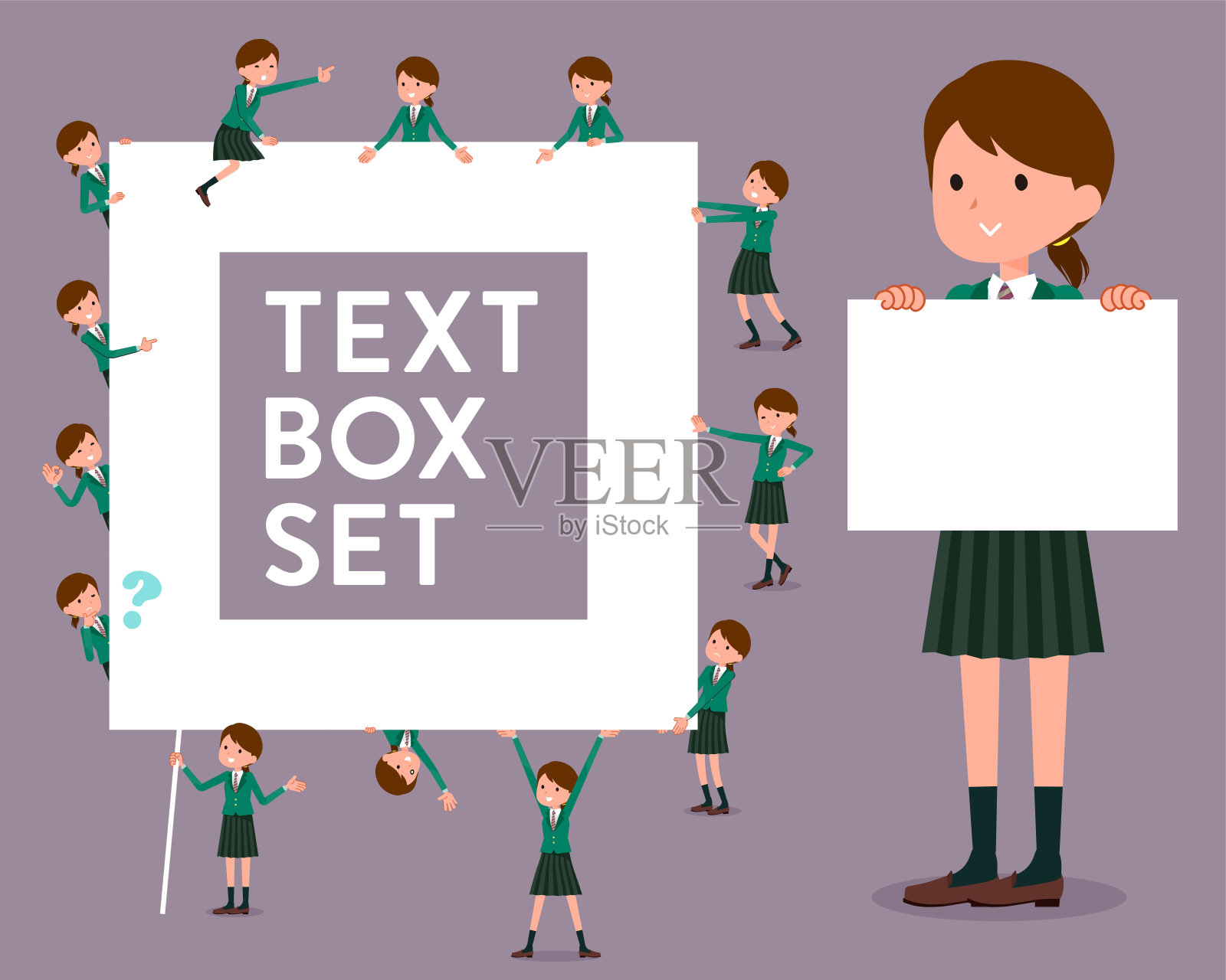 flat type school girl绿色Blazer_text box插画图片素材