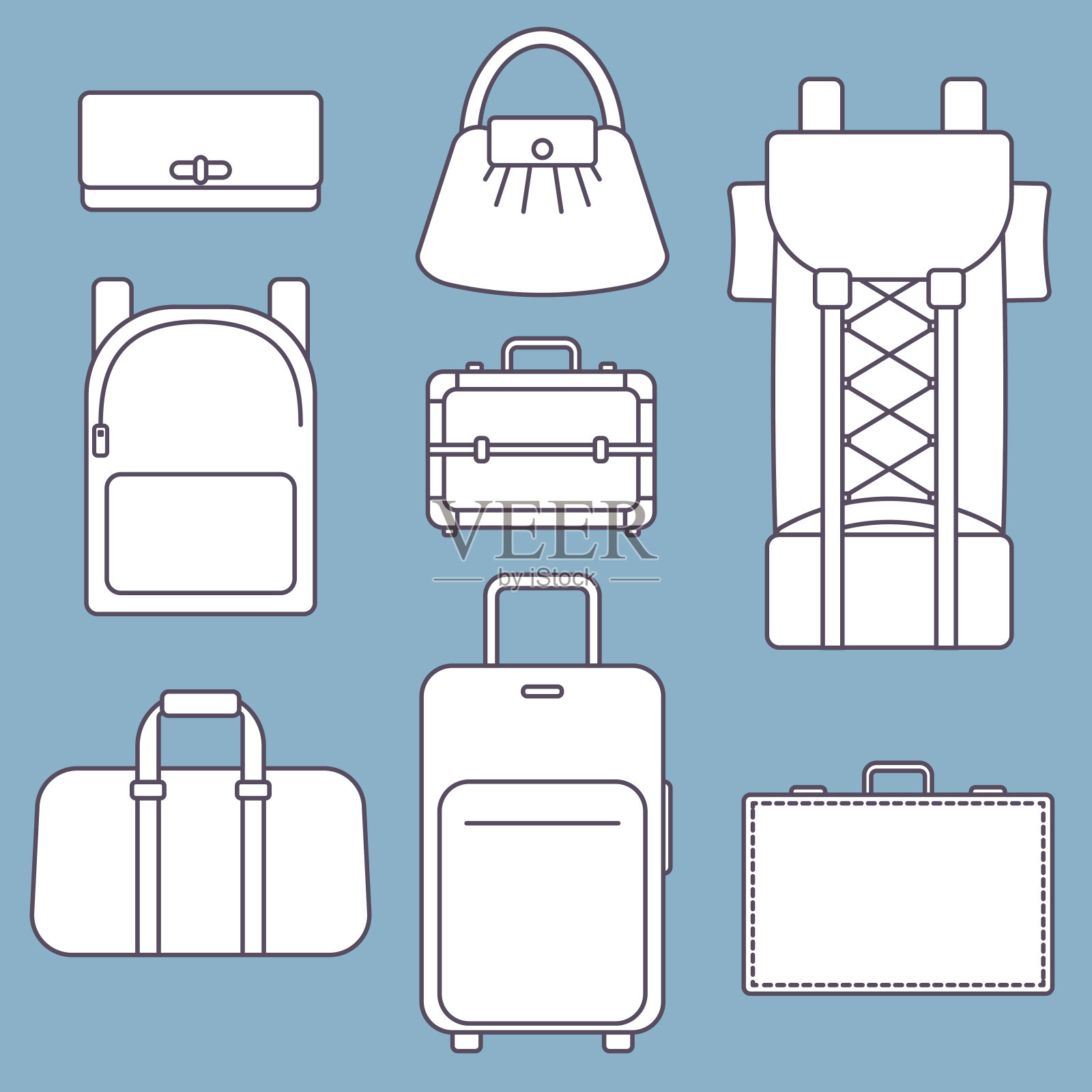 不同类型的包，白色平面矢量插图与轮廓，收集在蓝色的背景插画图片素材