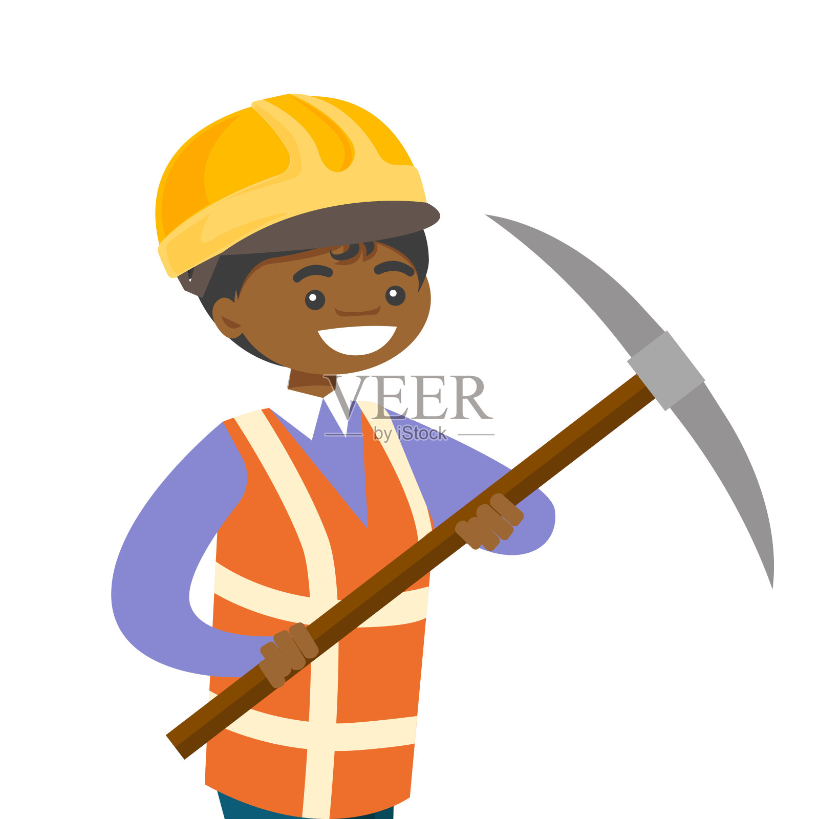 非裔美国矿工戴安全帽，拿着鹤嘴锄插画图片素材