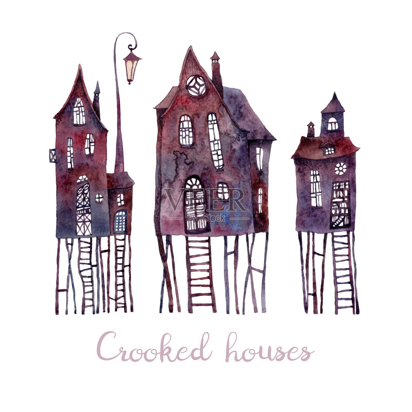一套歪歪扭扭的老房子，上面有梯子、木桩和灯笼。用水彩和孤立的白色背景绘制。插画图片素材