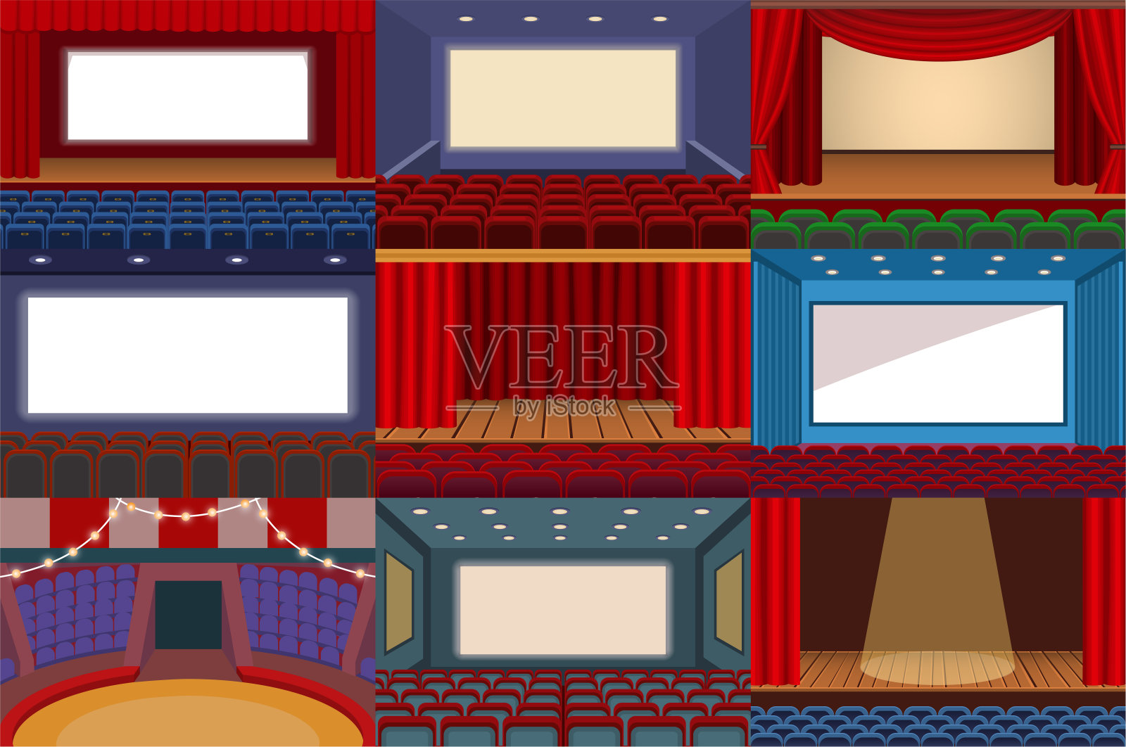 剧场矢量剧场舞台和剧场歌剧表演插图剧场设置的电影室内和娱乐表演与窗帘隔离在白色的背景插画图片素材
