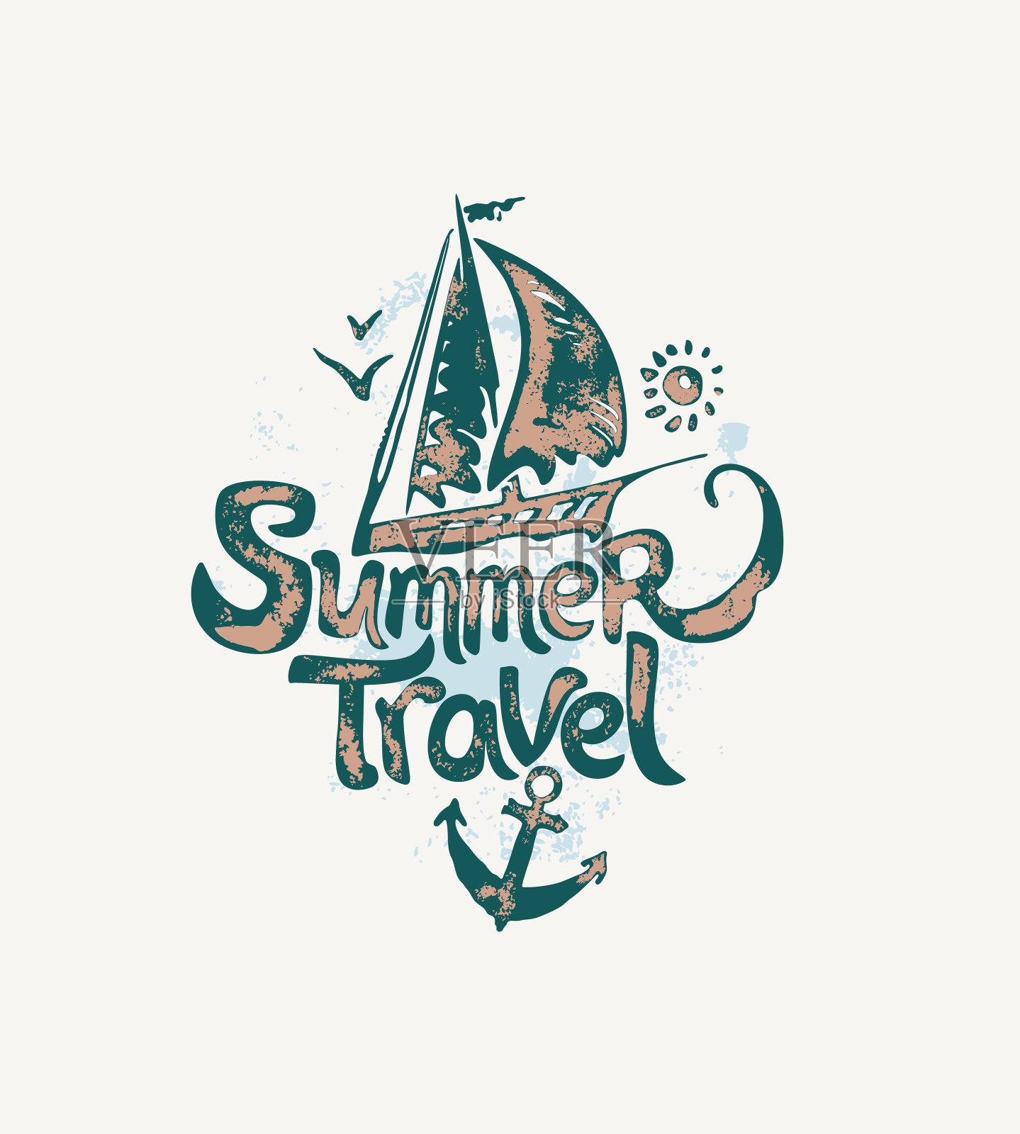 夏季旅行。手绘图标与帆船。插画图片素材