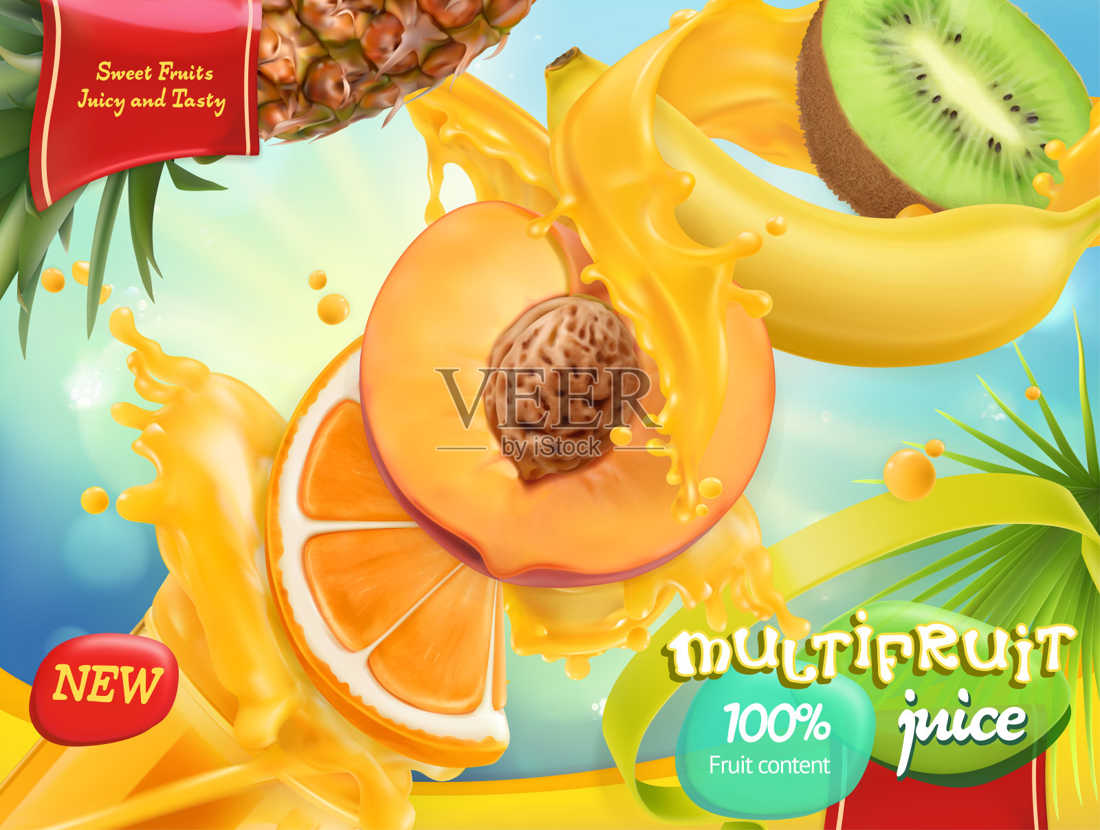 Multifruit汁。甜蜜的热带水果。三维现实向量，包装设计插画图片素材