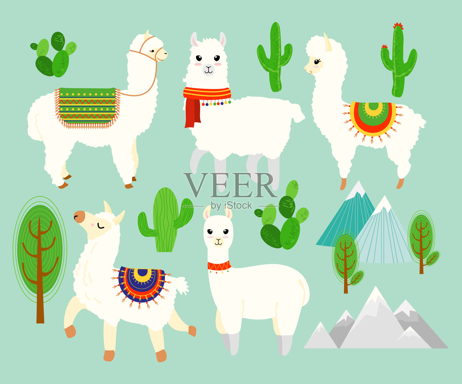 矢量插图集可爱有趣的羊驼和美洲驼与仙人掌元素，山在蓝色的背景。可爱的喇嘛在卡通扁平风格。插画图片素材