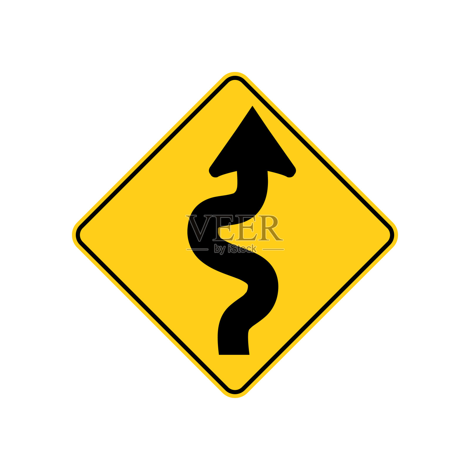 美国交通路标。前面是弯弯曲曲的路，一开始是向右拐的。矢量图设计元素图片