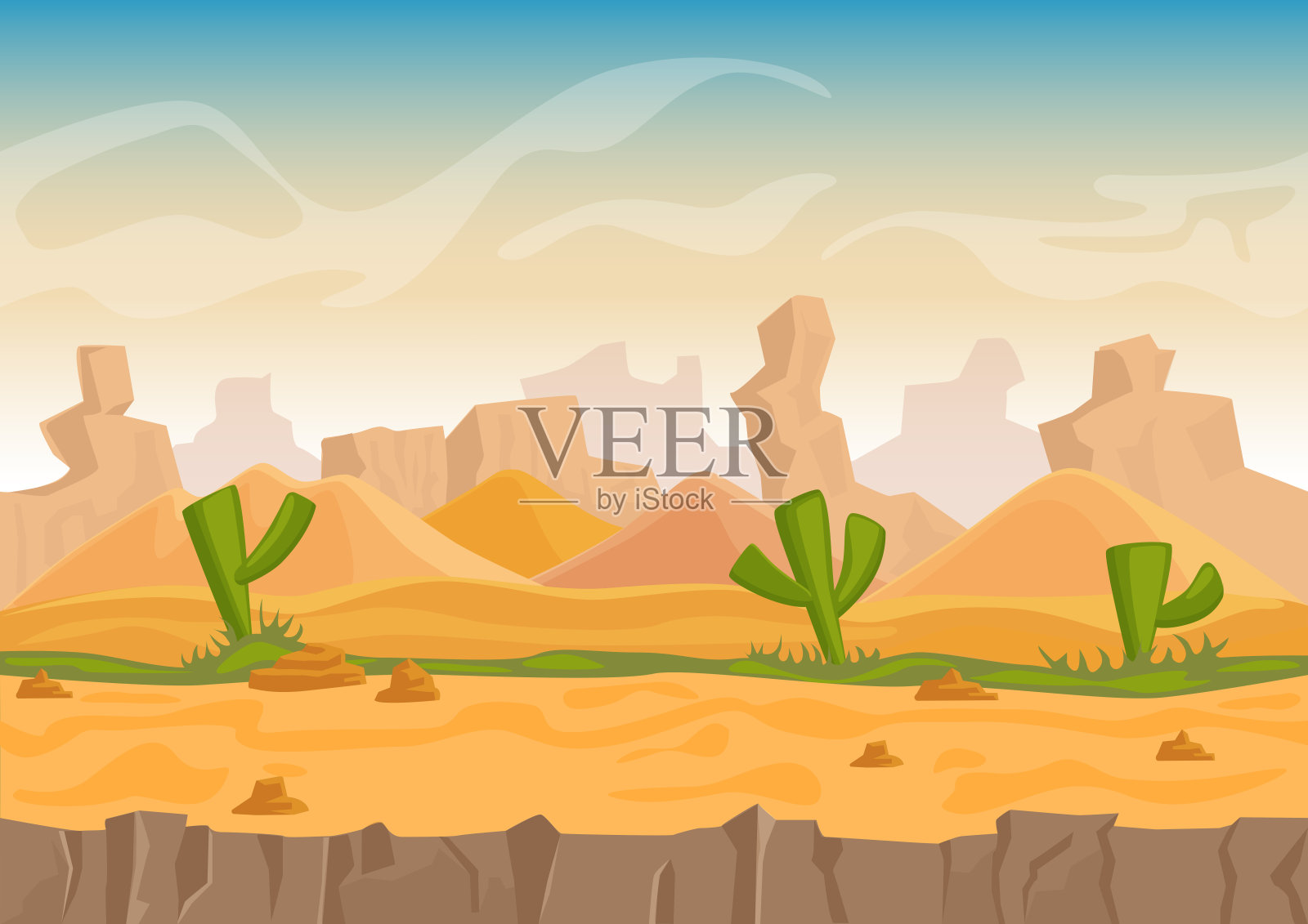 卡通沙和石头岩石沙漠景观仙人掌和石山。矢量游戏风格的矢量插图插画图片素材