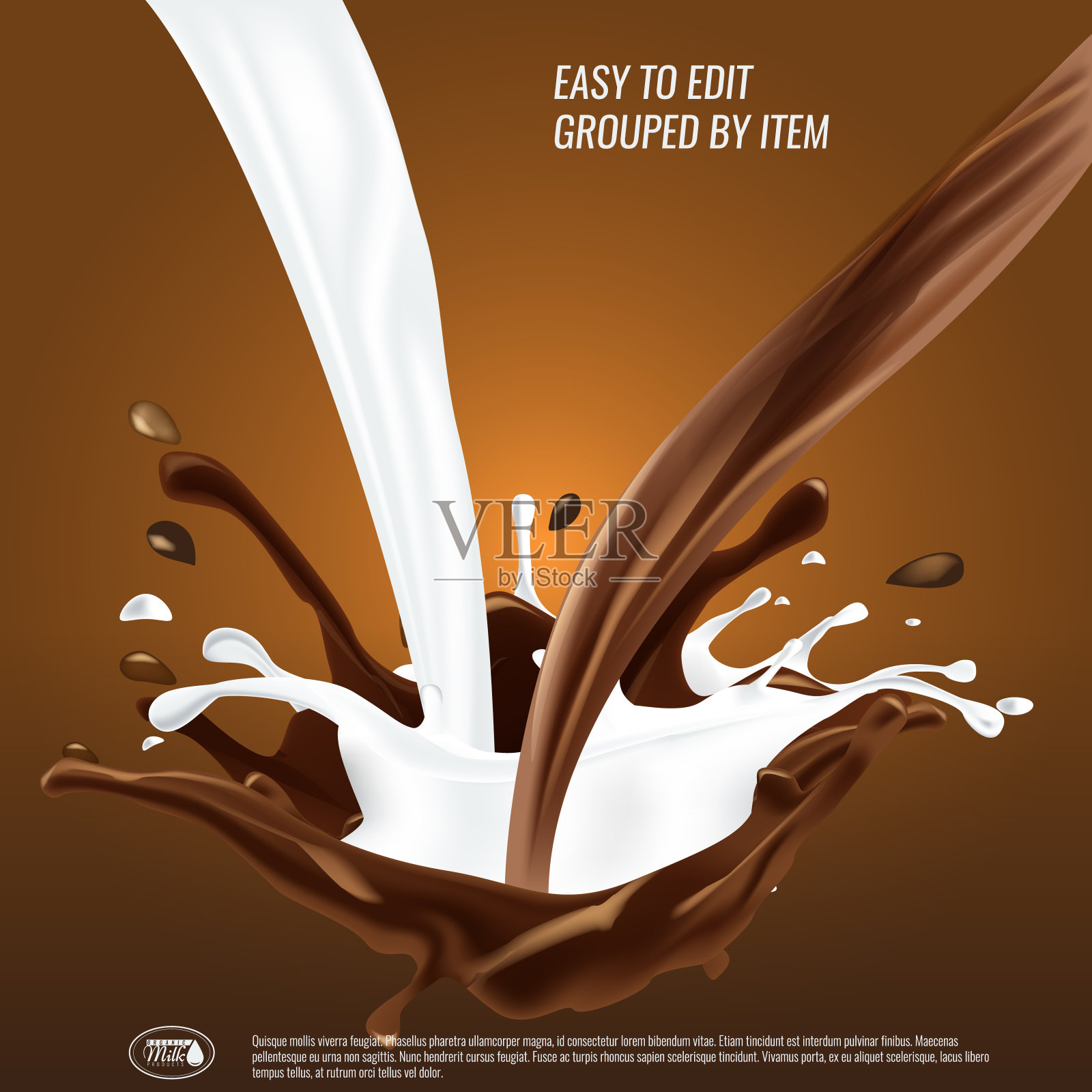 液体巧克力和牛奶流和喷溅混合，三维矢量插图。插画图片素材