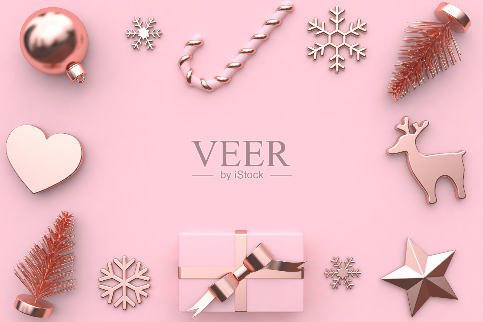 抽象粉色金属光泽玫瑰金丝带礼盒雪树心圣诞球糖果驯鹿星圣诞假期新年概念3d渲染最小的粉色背景照片摄影图片
