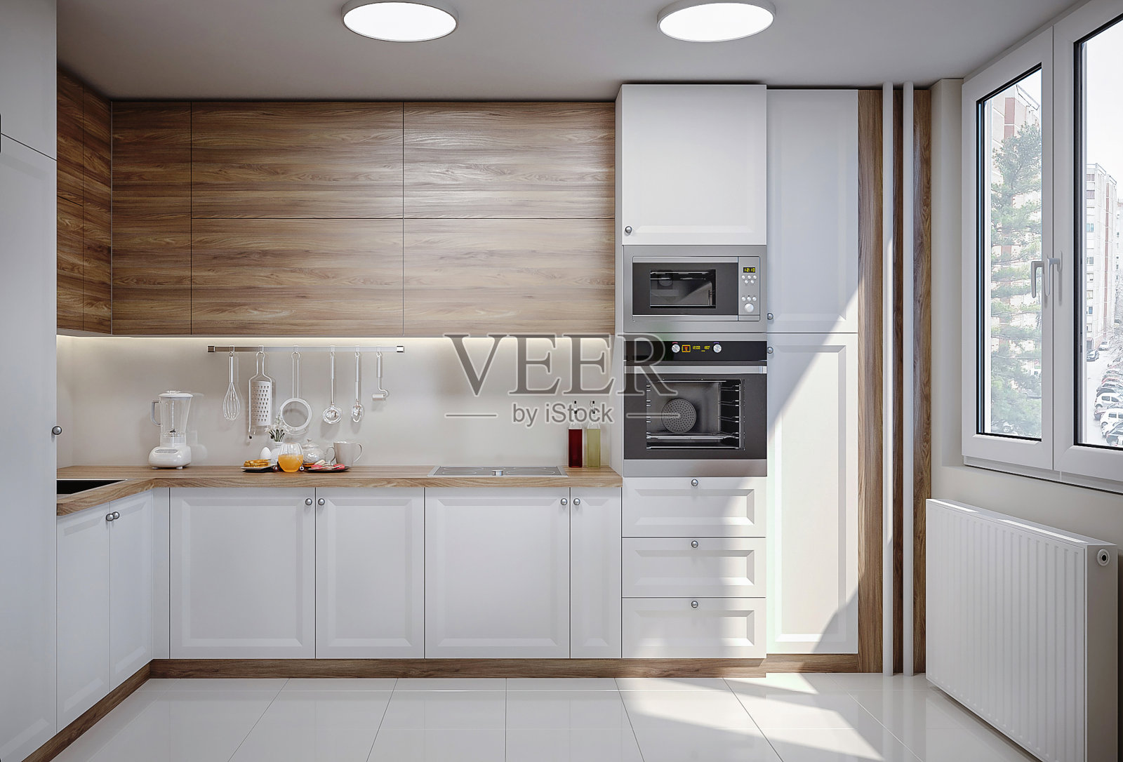 阳光白色现代家庭厨房照片摄影图片