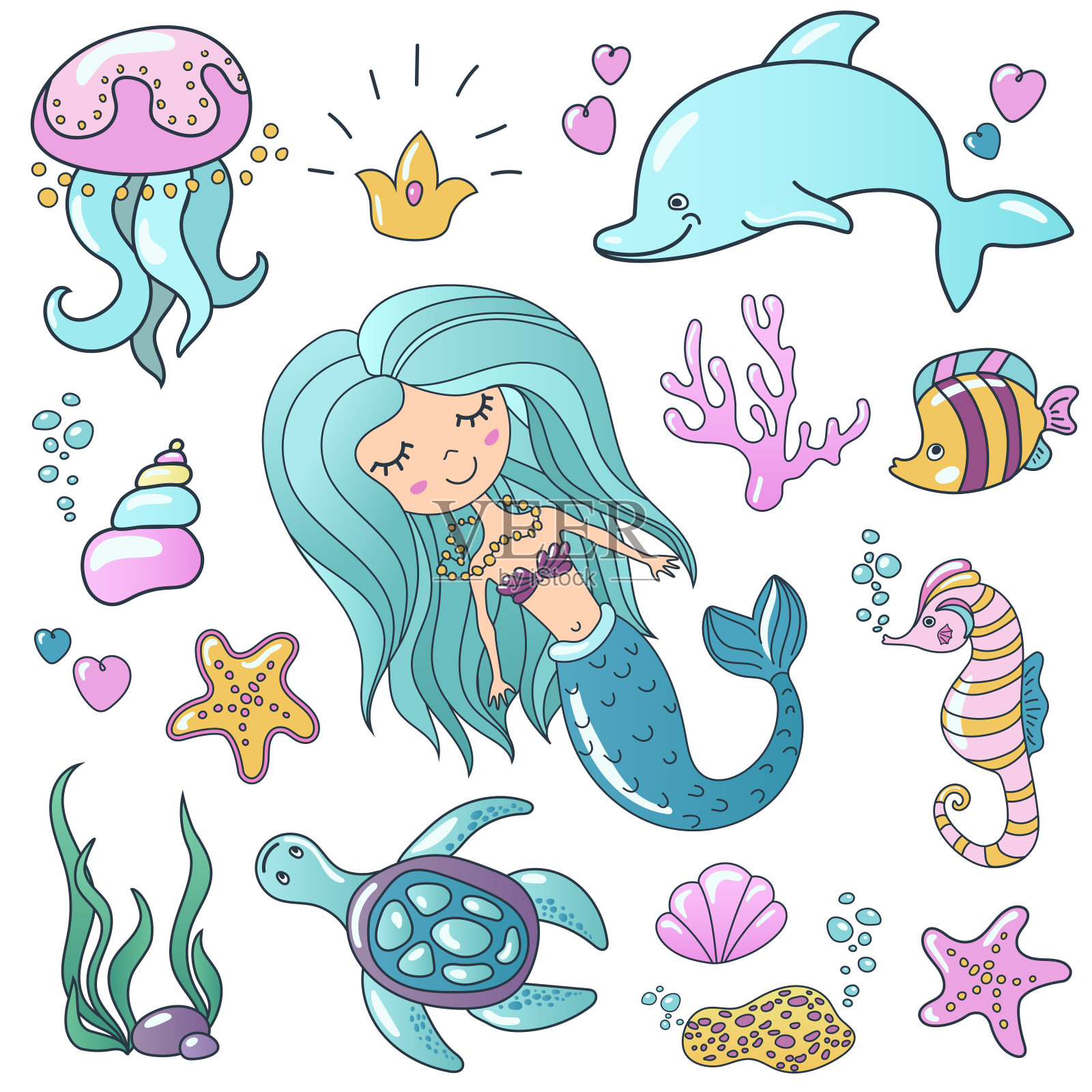 海洋的插图。可爱的卡通小美人鱼，热带鱼，海星，各种贝壳，海马，海豚和螃蟹。向量海洋主题。插画图片素材