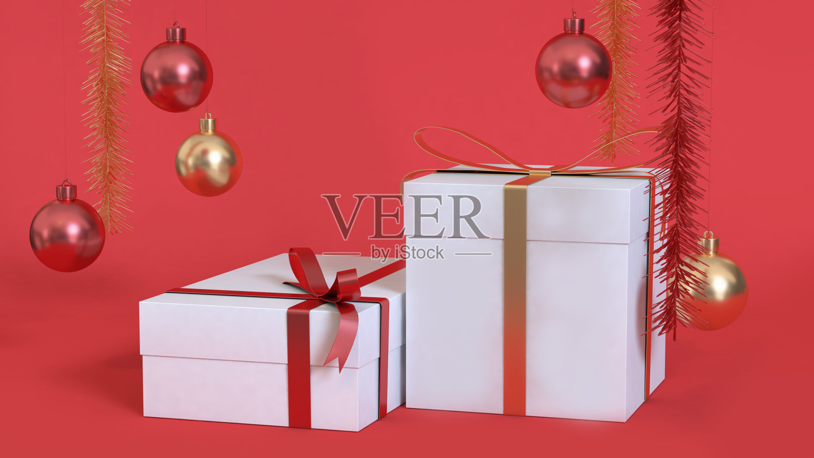 白色礼品盒抽象圣诞背景3d渲染金属红色金球，假日圣诞新年概念红色背景照片摄影图片