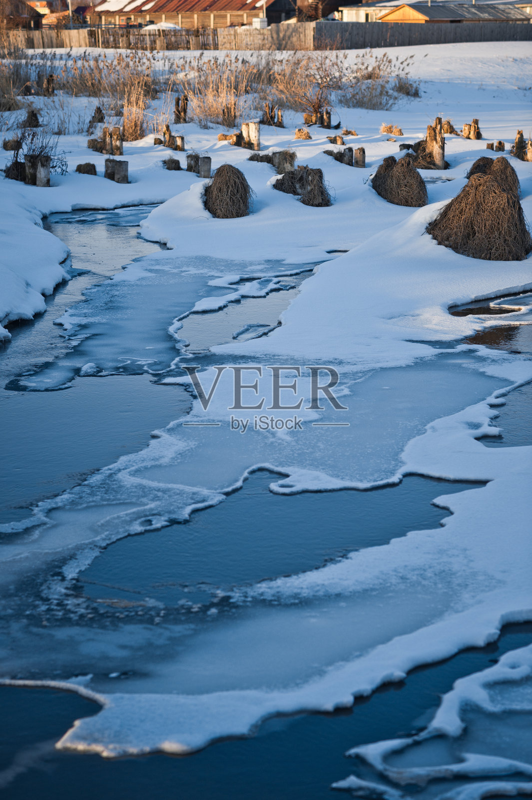 .春天初，一条小河上浮冰。照片摄影图片