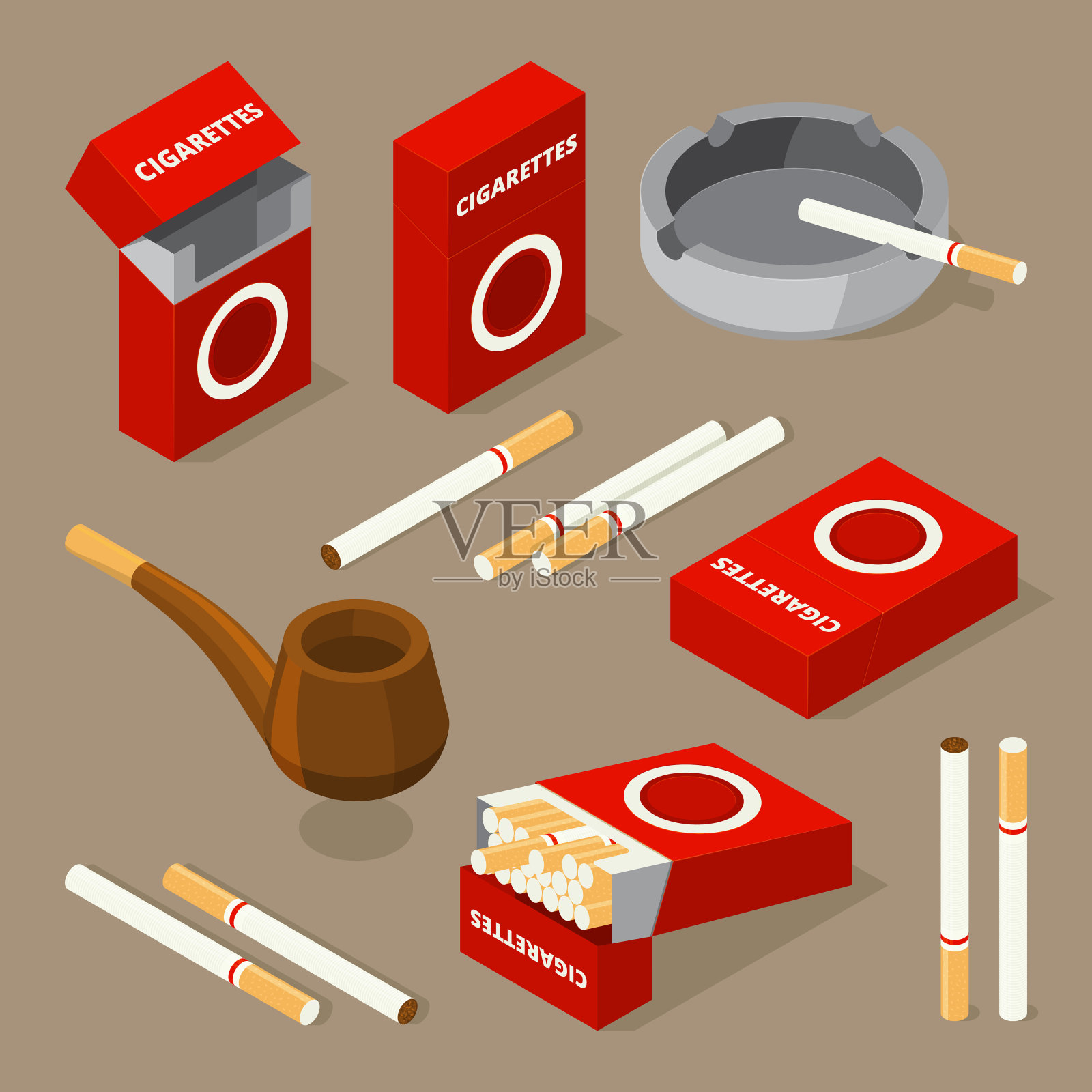 矢量等距插图香烟和各种配件为吸烟者插画图片素材