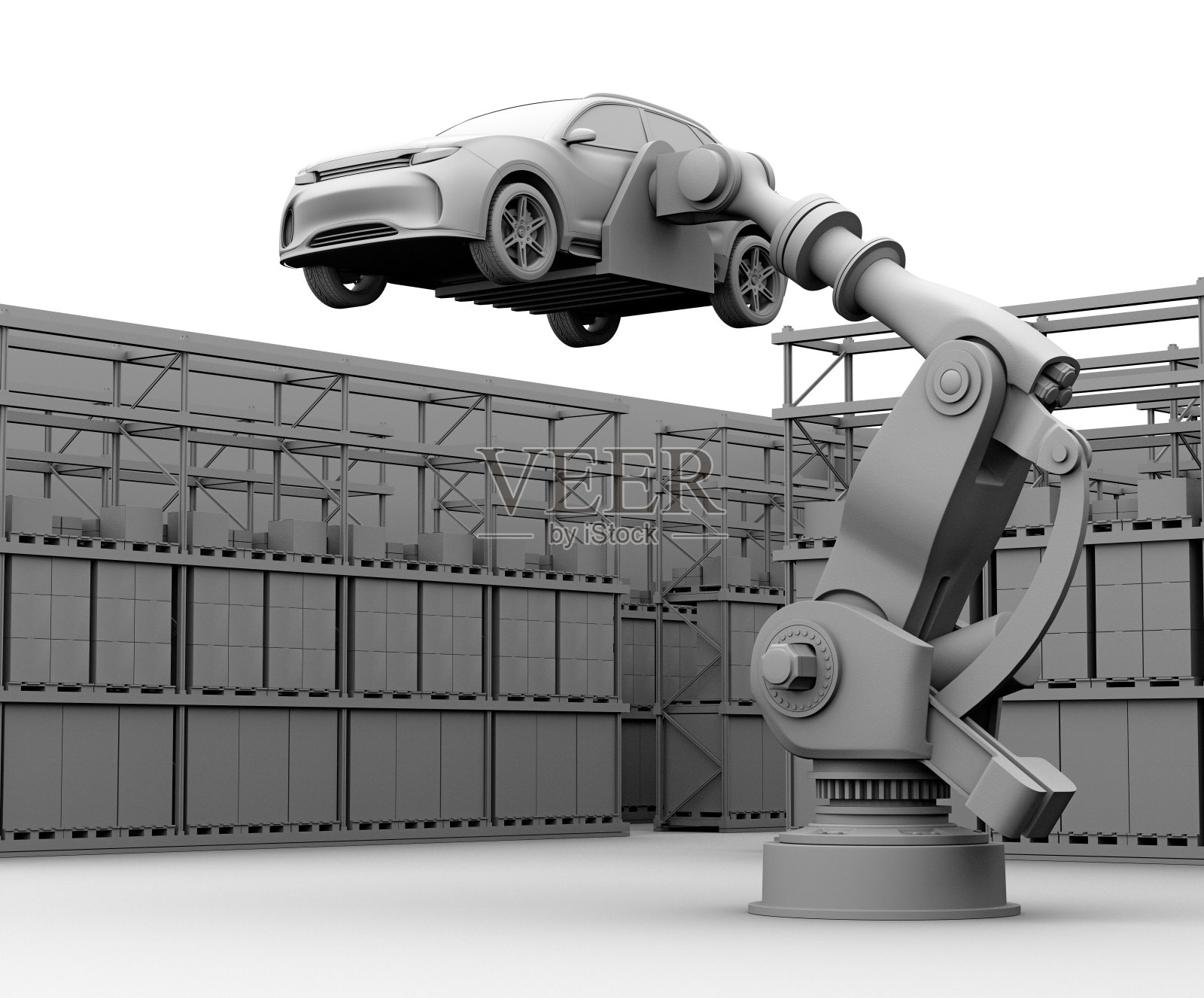 粘土渲染图像的重量级机器人手臂携带白色SUV在装配工厂照片摄影图片