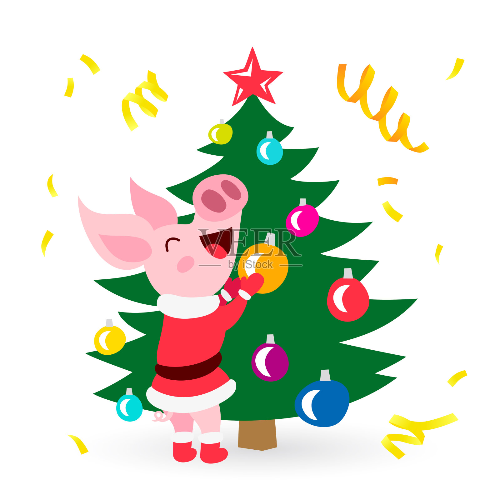 可爱的小猪装饰圣诞树。新年快乐设计元素图片