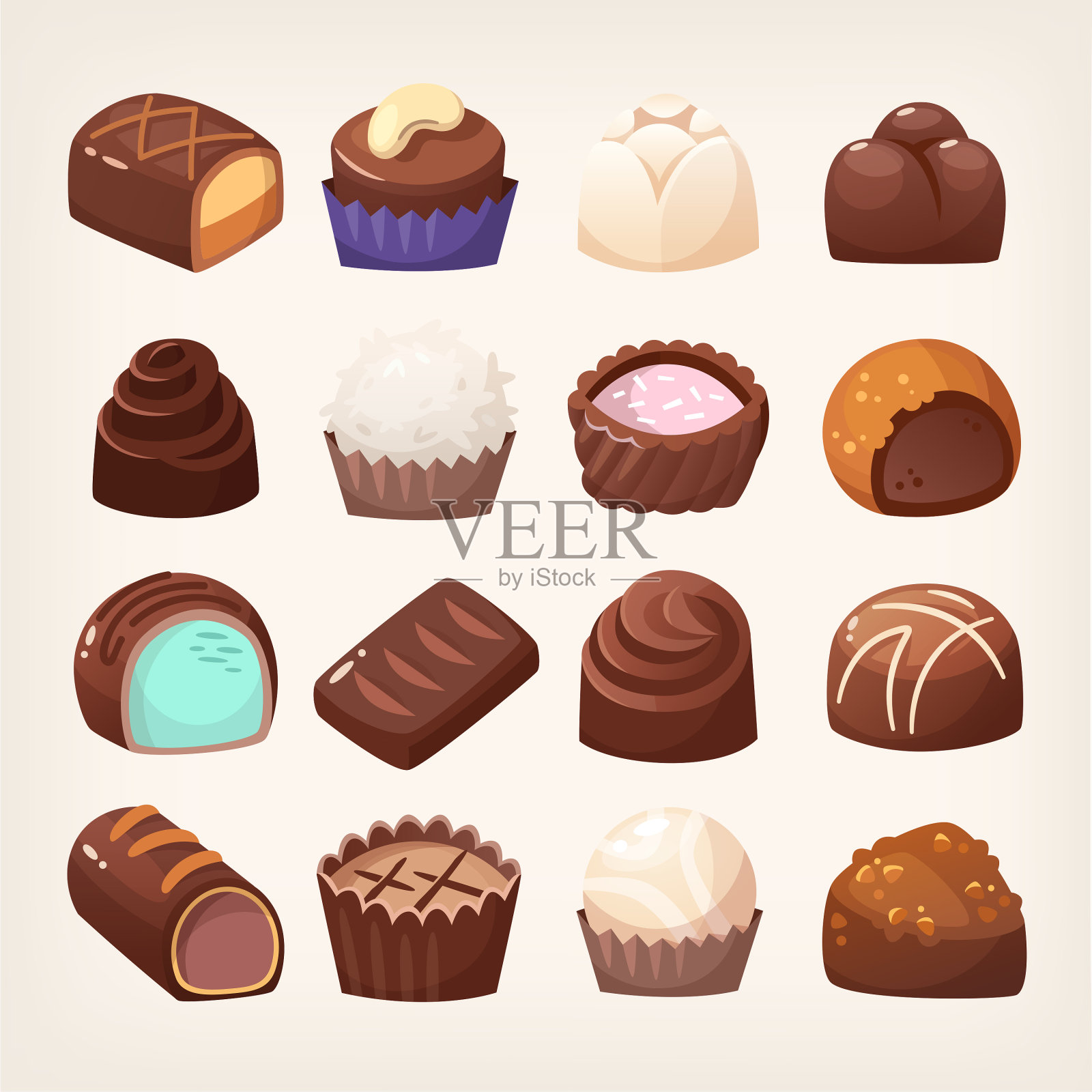 各式各样的巧克力糖果，有不同的馅料和浇头。孤立的矢量图。插画图片素材