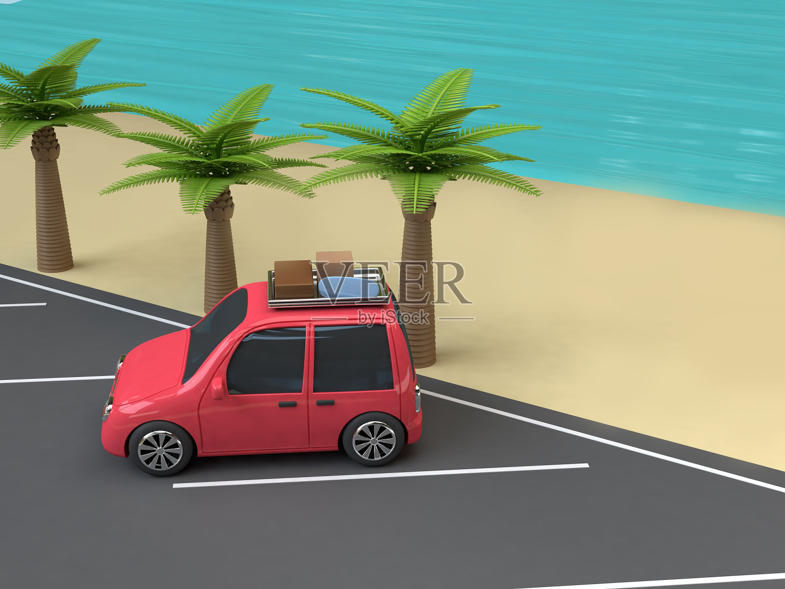 红色汽车旅游停车场在海滩蓝色的海与椰子树卡通风格3d渲染，度假旅游夏季概念照片摄影图片