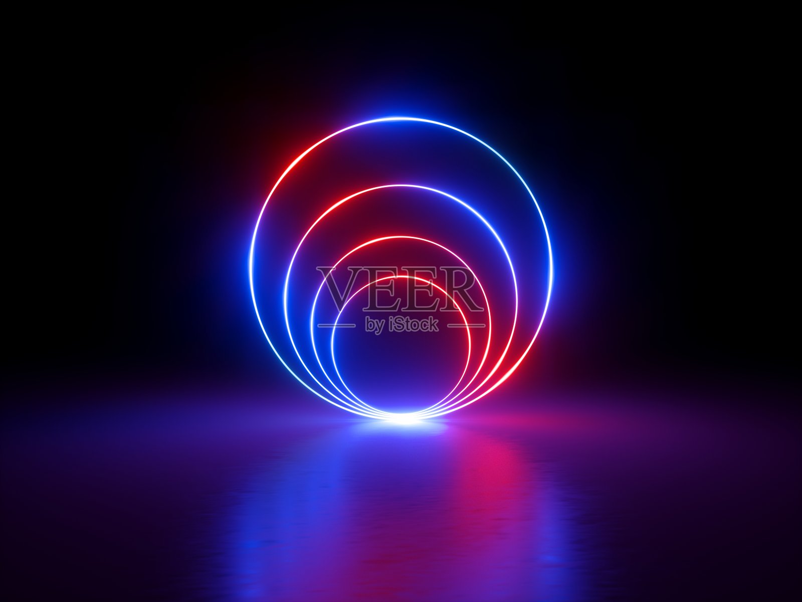 3d渲染，发光环，圆线，隧道，霓虹灯，虚拟现实，抽象背景，圆，红蓝光谱，鲜艳的颜色，激光显示照片摄影图片