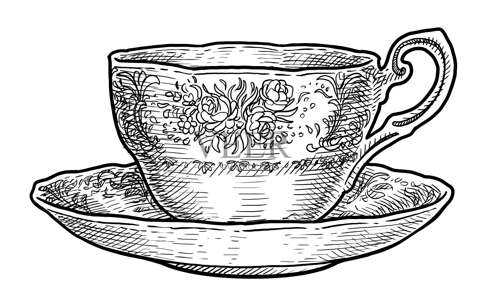 古董瓷杯茶插图、绘画、雕刻、水墨、线条艺术、矢量插画图片素材