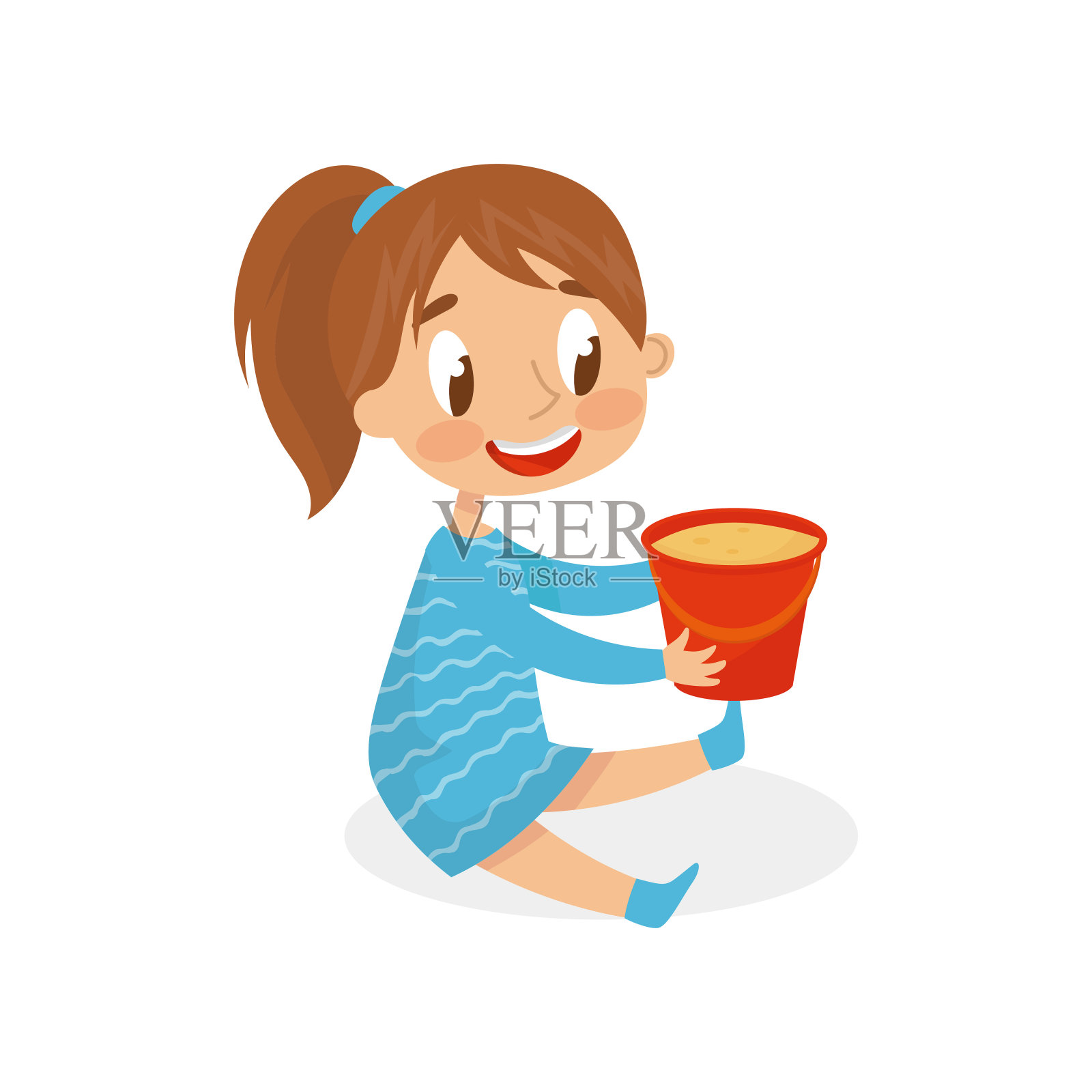 微笑的女孩玩桶沙子，孩子在操场上的矢量插图在白色的背景设计元素图片