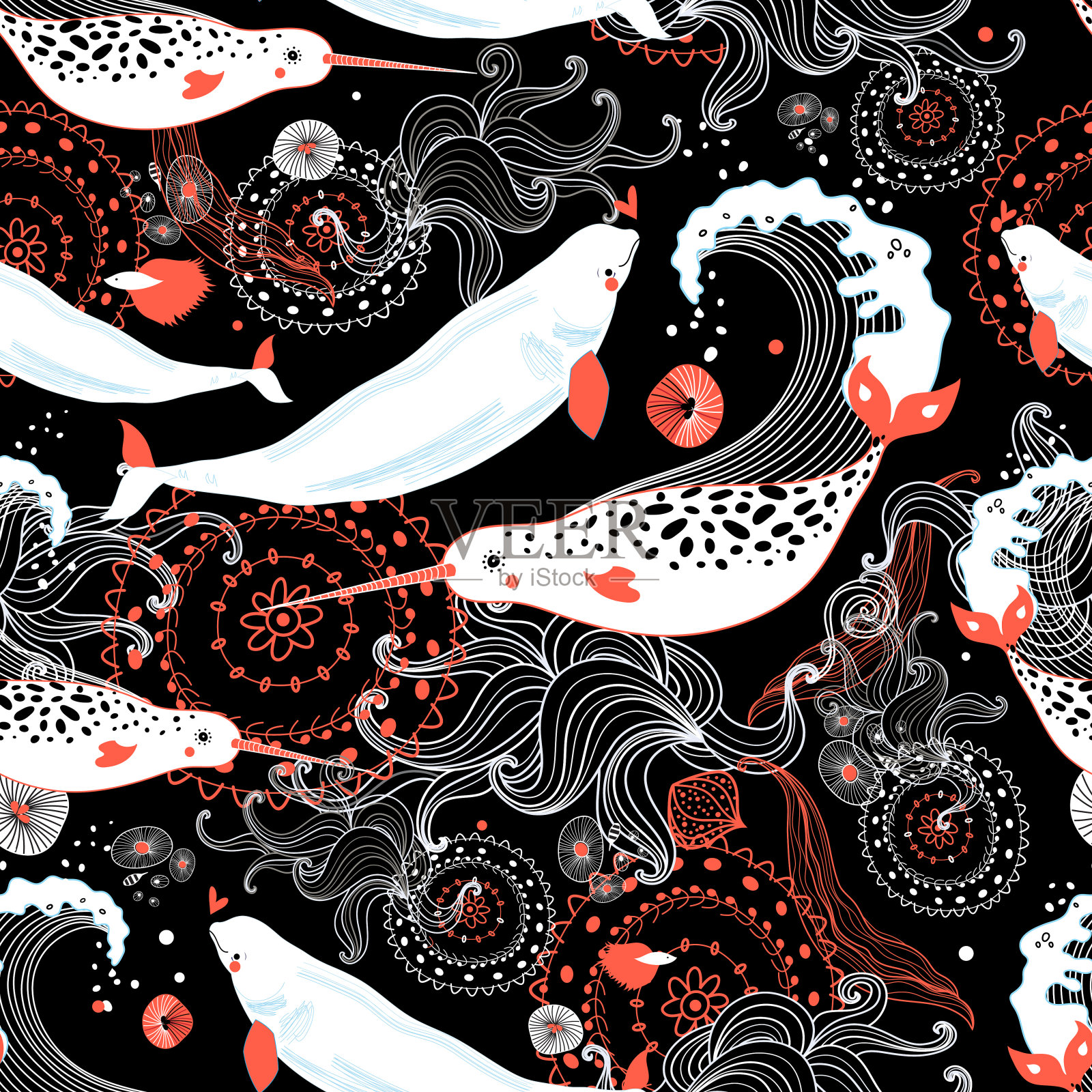 无缝海洋模式与美丽的鲸鱼插画图片素材