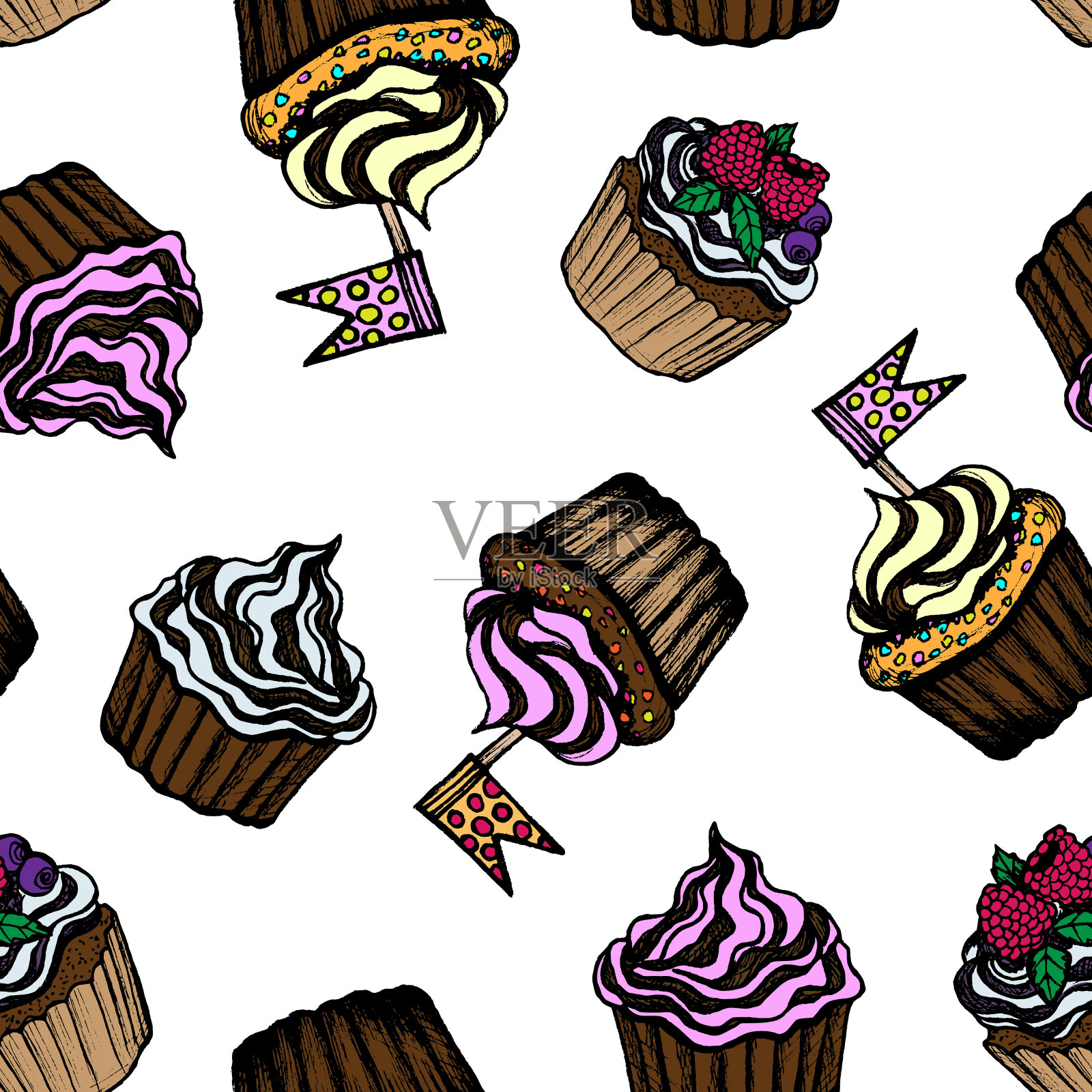 甜点-彩色无缝图案手绘蛋糕插画图片素材