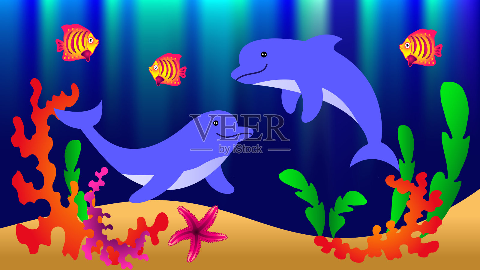 水下世界有海豚，鱼，珊瑚，海星和藻类。设计元素图片