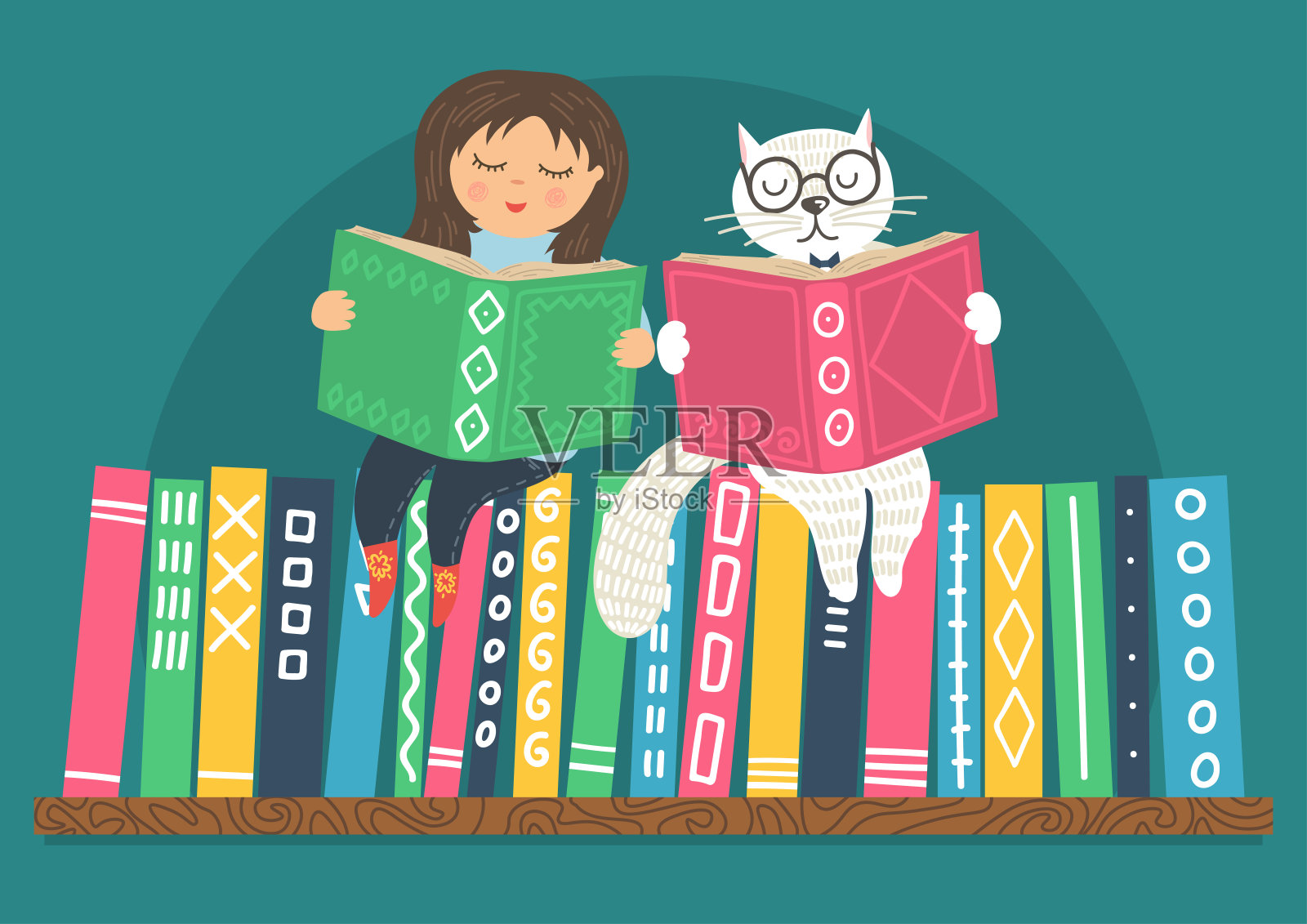 猫和女孩在看书插画图片素材