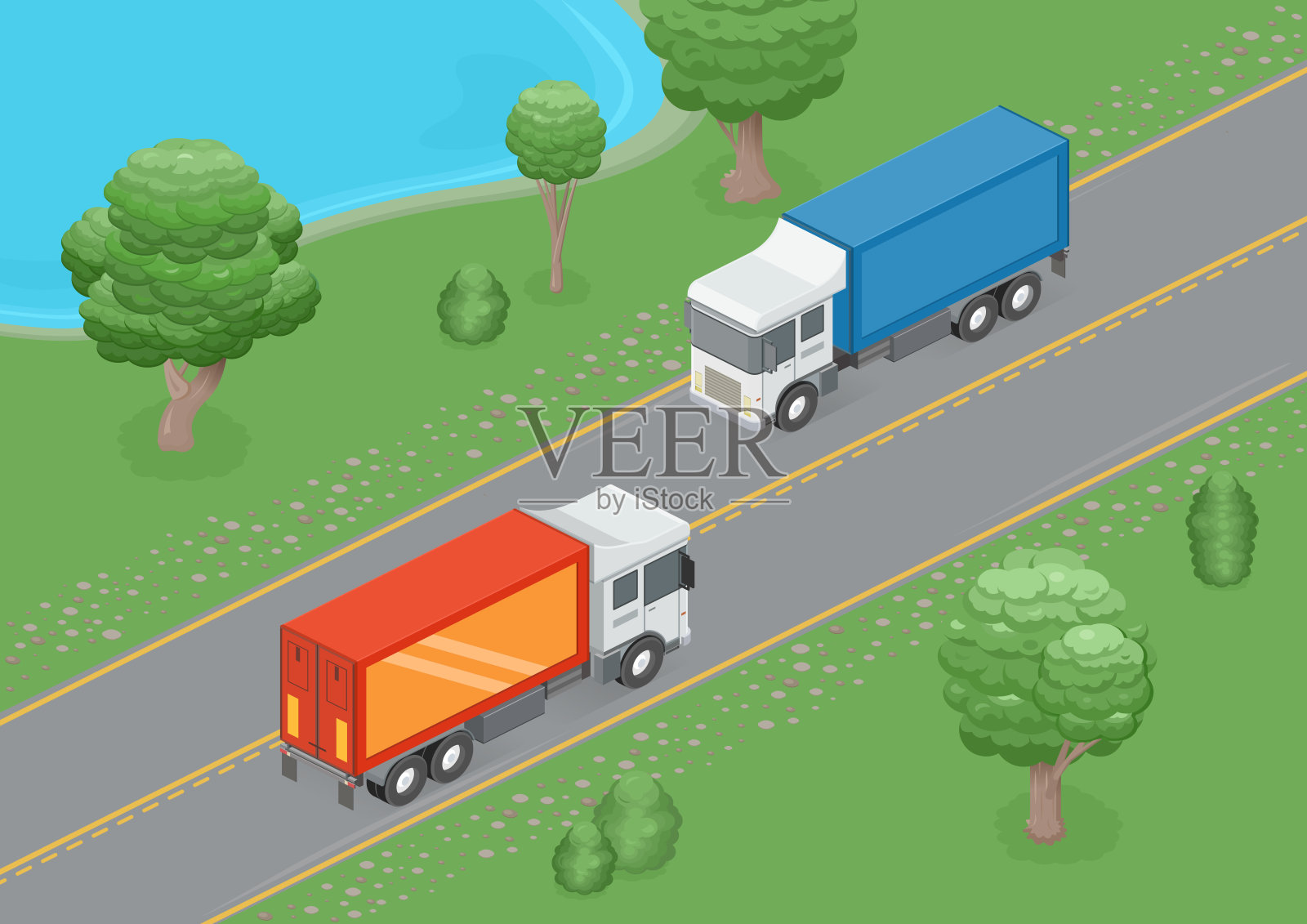 在夏天的道路。两辆装着集装箱的卡车在高速公路上行驶。插画图片素材