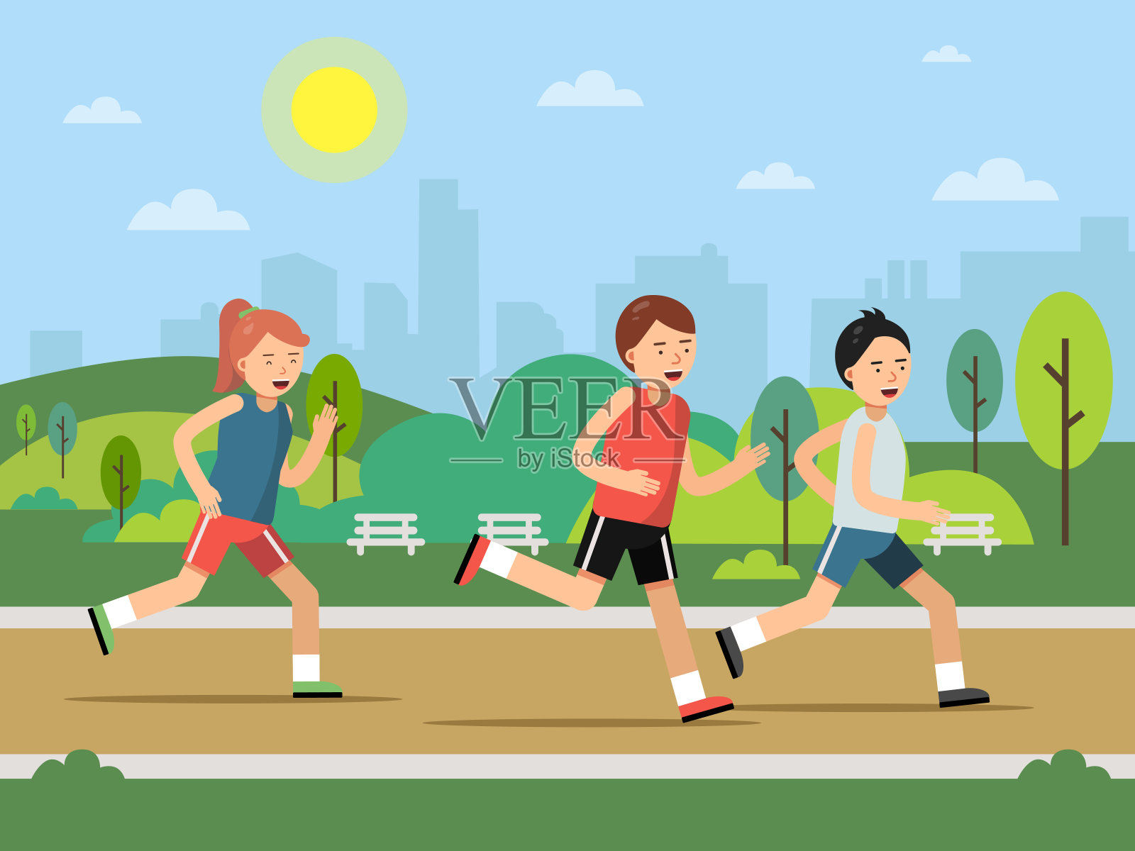 城市绿地公园景观与奔跑的人民插画图片素材