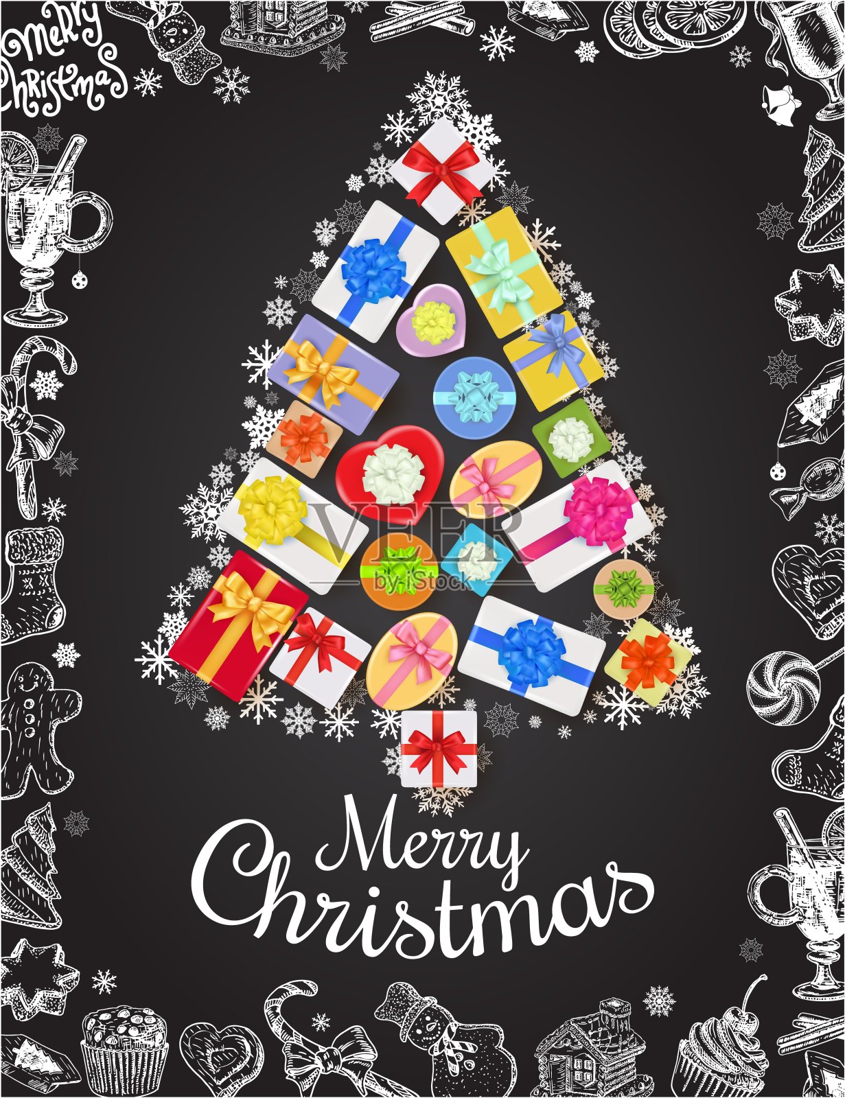 圣诞和新年贺卡模板。矢量海报与手绘符号。圣诞树上的礼物盒设计模板素材