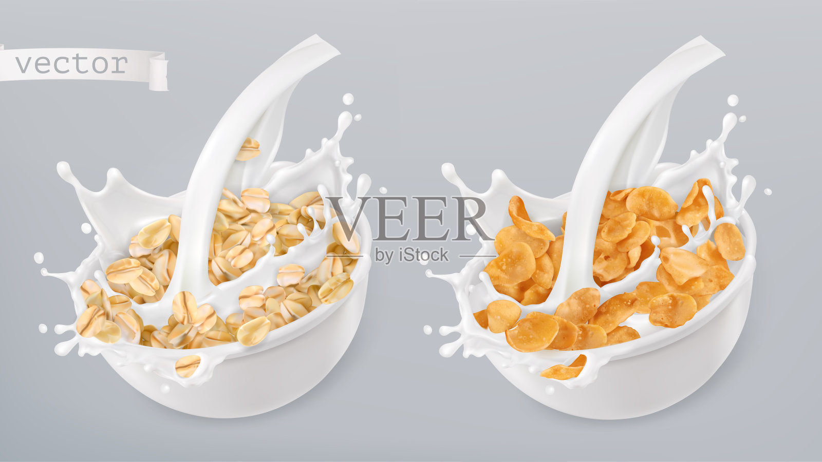 燕麦片和牛奶沫。玉米片。3d现实的矢量图标集设计元素图片