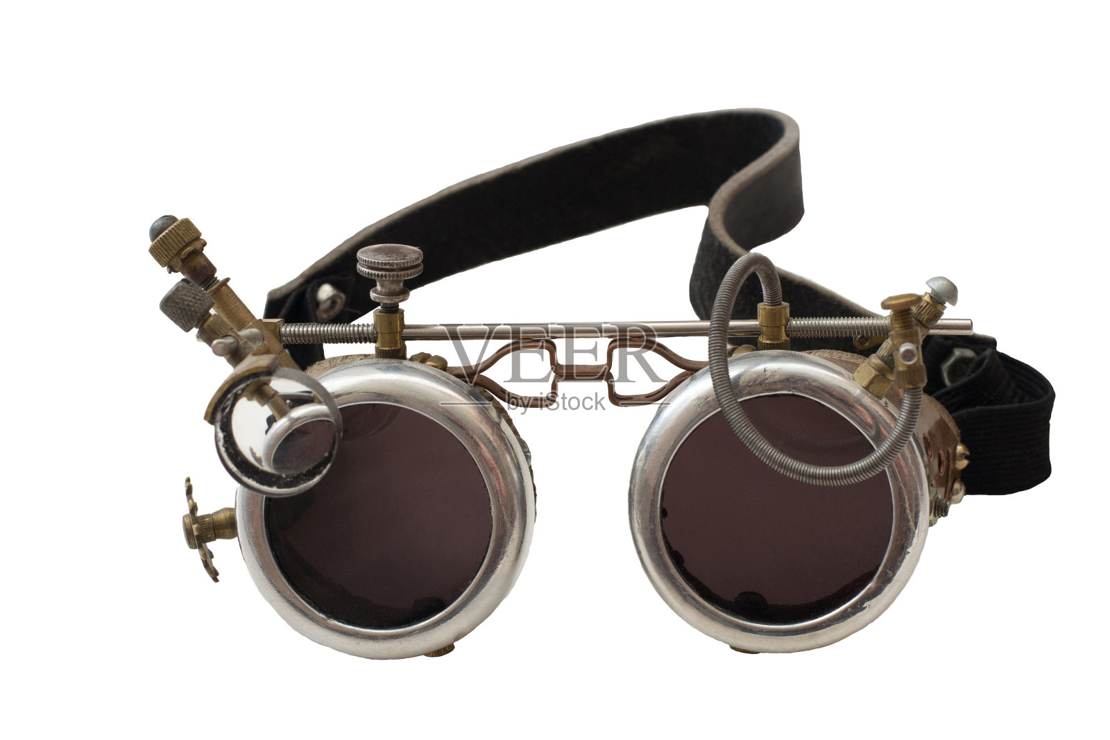 金属蒸汽朋克眼镜，护目镜孤立的白色背景，近照片摄影图片