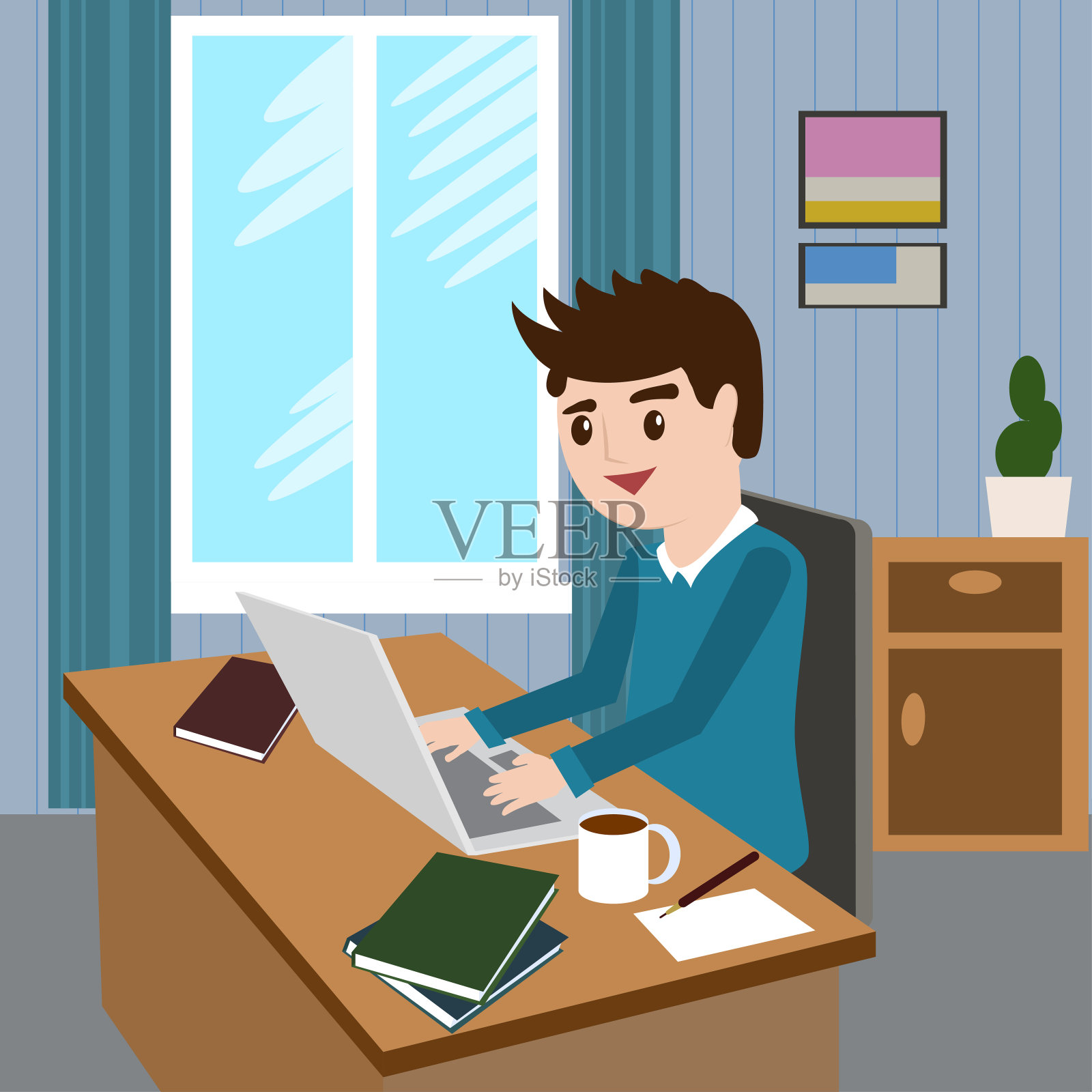 平面设计现代矢量插图生活方式概念英俊的男子在休闲t恤坐在办公桌和工作在笔记本电脑在办公室。孤立在时尚的彩色背景。向量插画图片素材