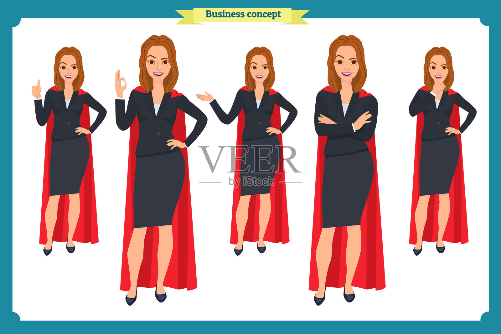 一套不同姿势的超级女商人角色设计。插图孤立向量在白色的平面卡通风格。穿着工作服的女性。业务插画图片素材