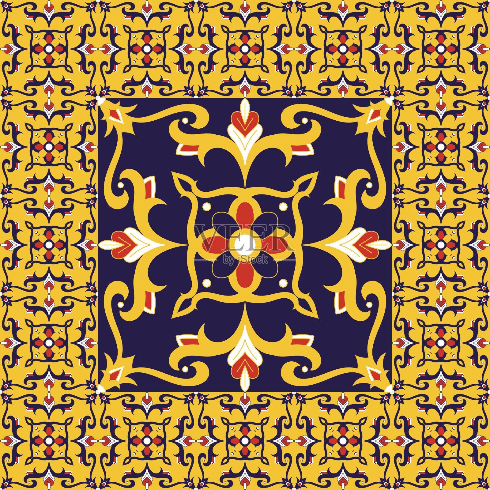 皇家瓷砖图案地板矢量。维多利亚设计与陶瓷印刷。中间的大瓷砖是框架。背景葡萄牙阿祖列霍，墨西哥塔拉韦拉，西班牙，意大利majolica图案。插画图片素材