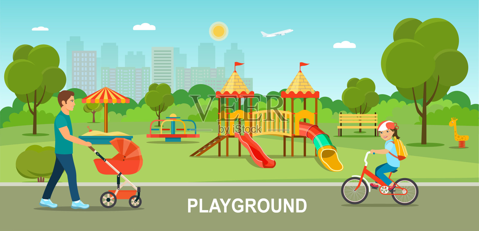 孩子们的游乐场。在阳光明媚的日子里，父亲推着婴儿车和背着自行车的小女孩在公园里散步。矢量平面样式插图插画图片素材