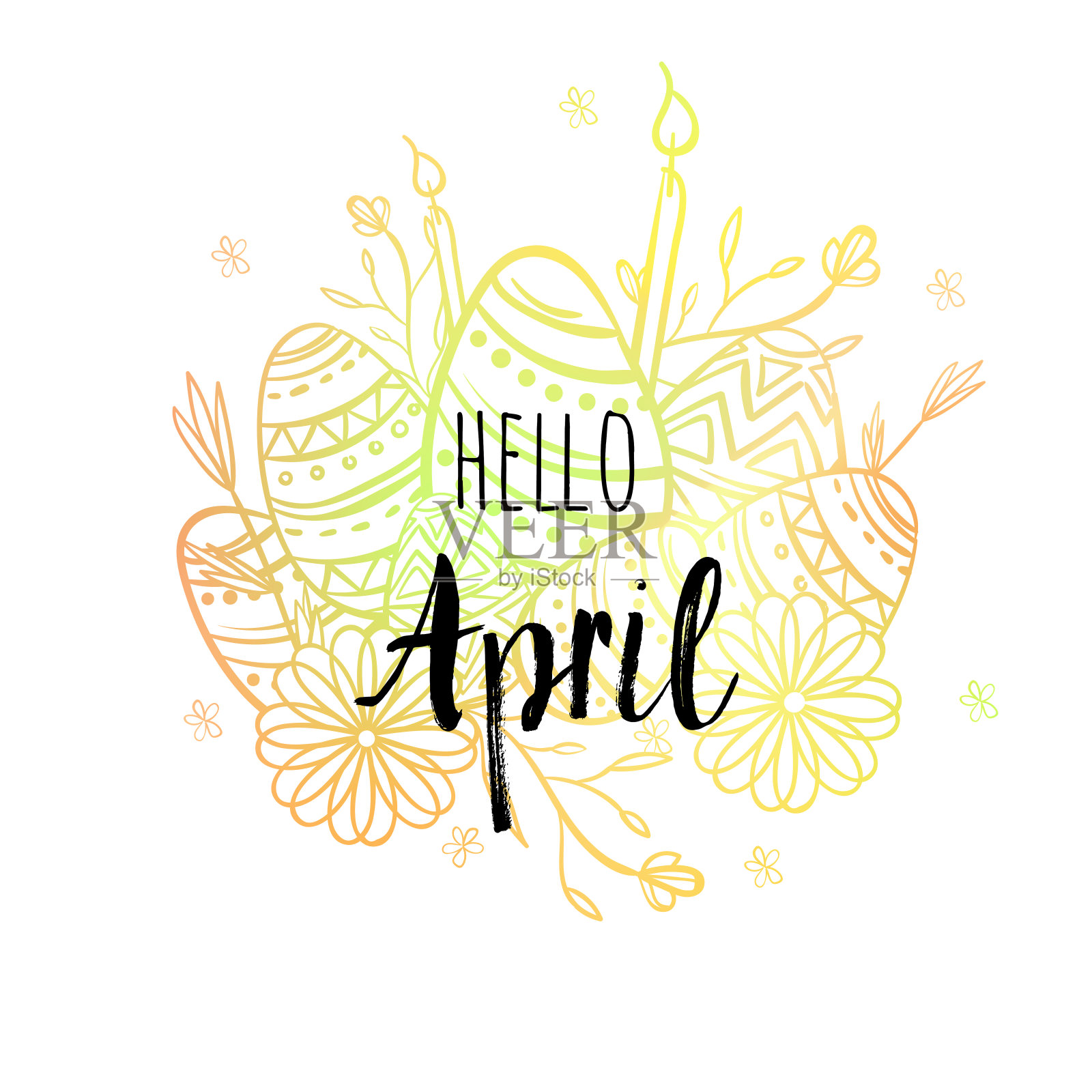 你好四月海报，有鸡蛋，蜡烛和花。动机打印日历，滑翔机，邀请卡，小册子插画图片素材
