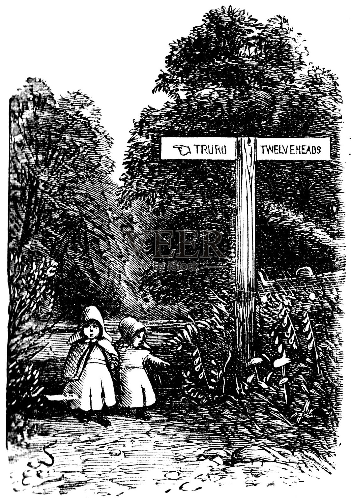 维多利亚时代的雕刻，首字母T被省略;这是一幅19世纪的插图，画的是两个小女孩站在一个路标旁，指着特鲁罗，也就是十二个头插画图片素材