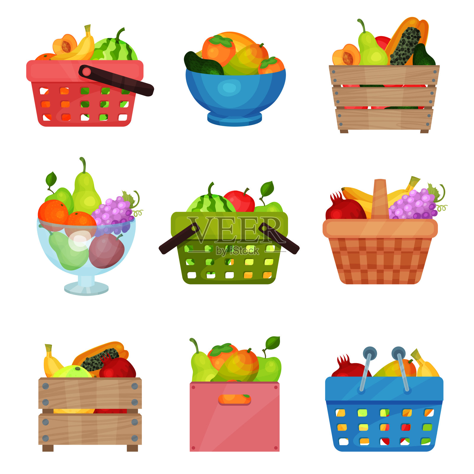 平向量木盒，碗，容器，购物和野餐篮子与新鲜水果。美味健康的食物插画图片素材