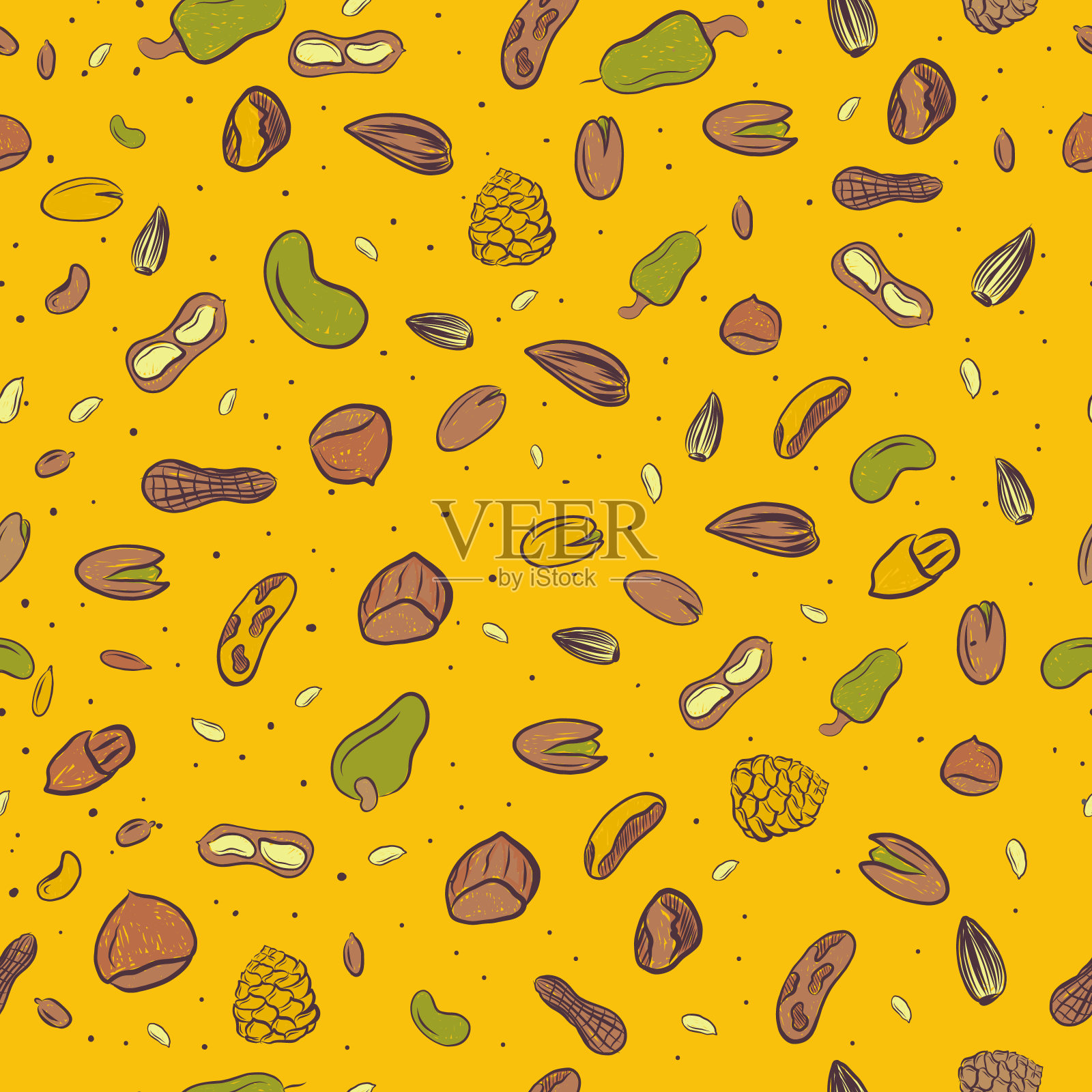 明亮的坚果无缝图案在棕色秋季颜色榛子，核桃，松子，山核桃，花生。健康手绘小吃收集标志，图标设计插画图片素材