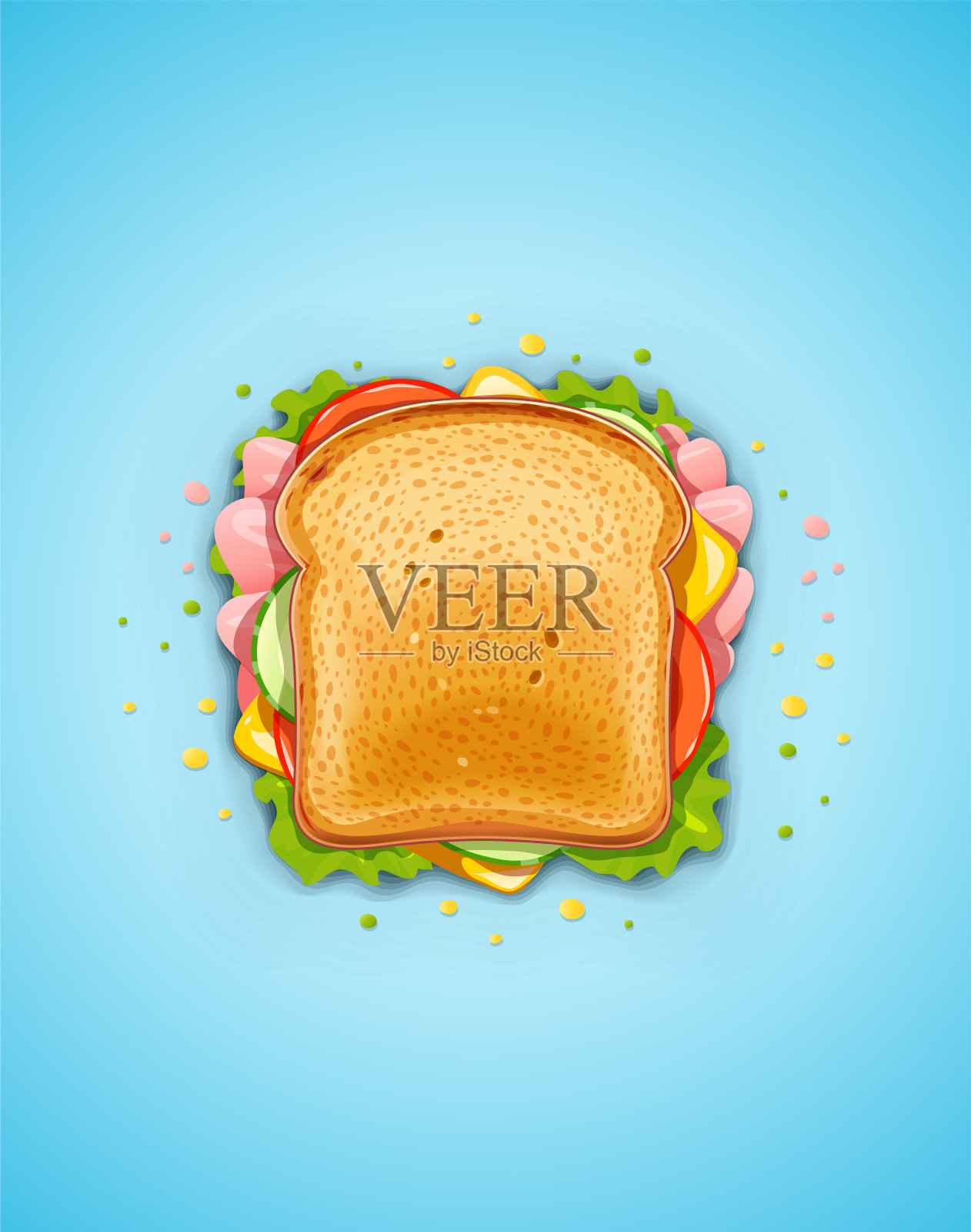 三明治。配黄瓜、培根、番茄、芝士、生菜的油炸面包。插画图片素材