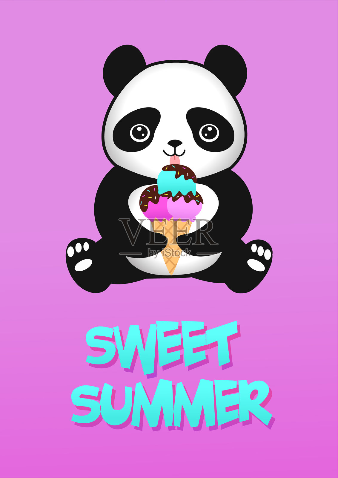 可爱的卡通熊猫宝宝和冰淇淋。矢量插图。插画图片素材