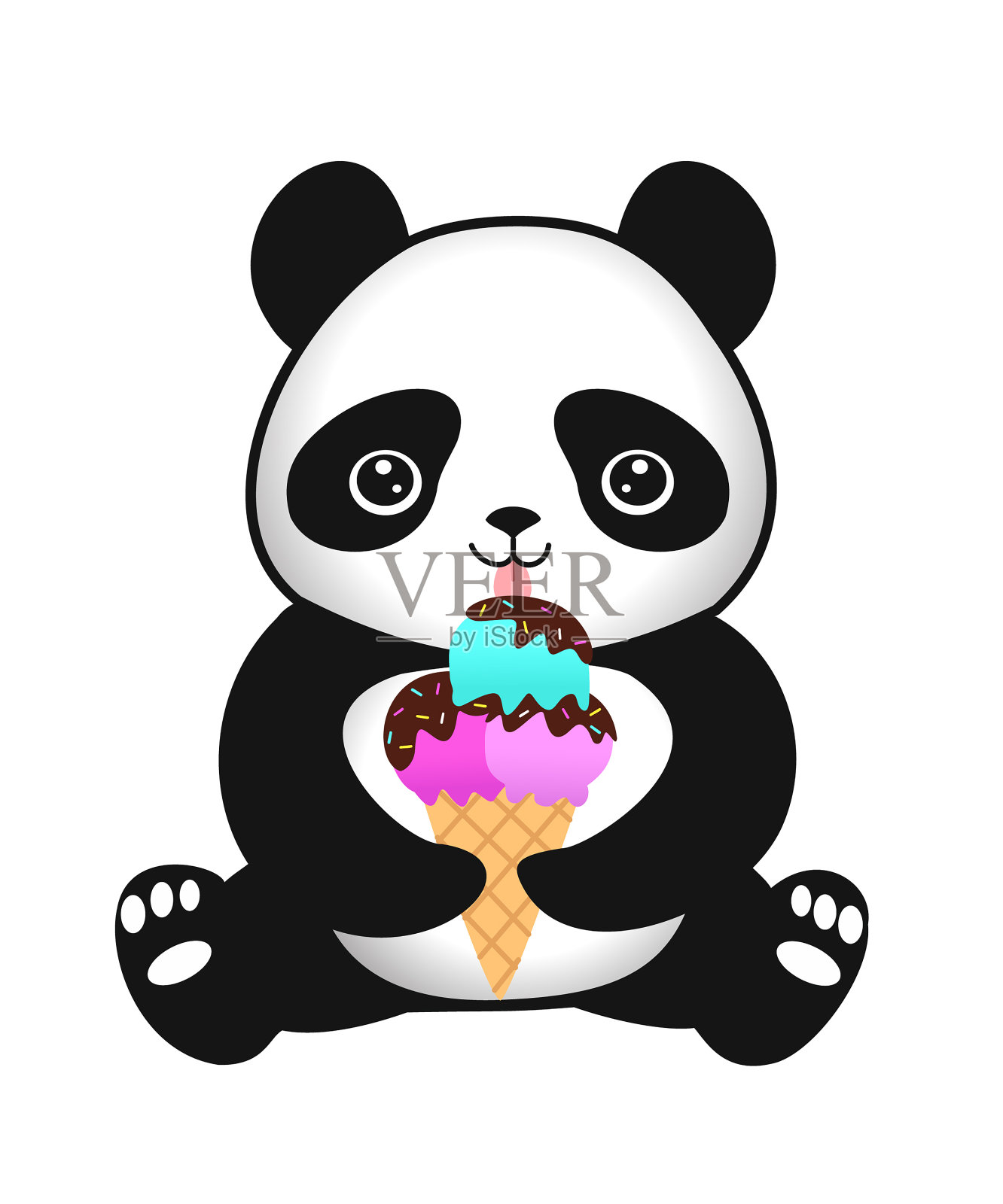 可爱的卡通熊猫宝宝和冰淇淋。矢量插图。插画图片素材