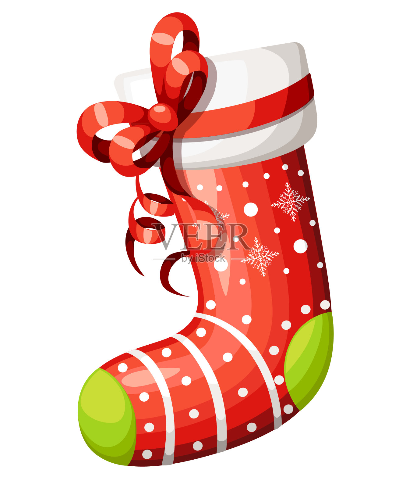 带着红色蝴蝶结的空圣诞袜。带有白色皮毛和补丁的装饰红色袜子。矢量插图为圣诞节。孤立在白色背景上。设计元素图片