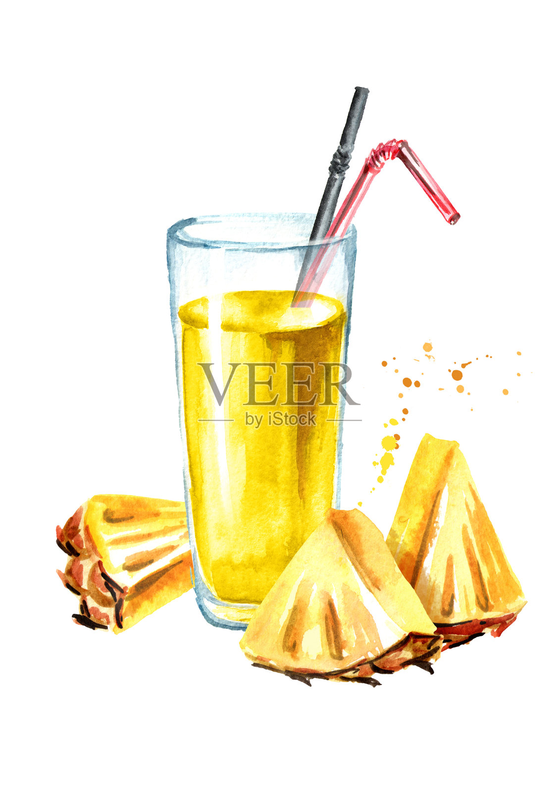 一杯新鲜的菠萝汁。水彩手绘插图，孤立的白色背景插画图片素材