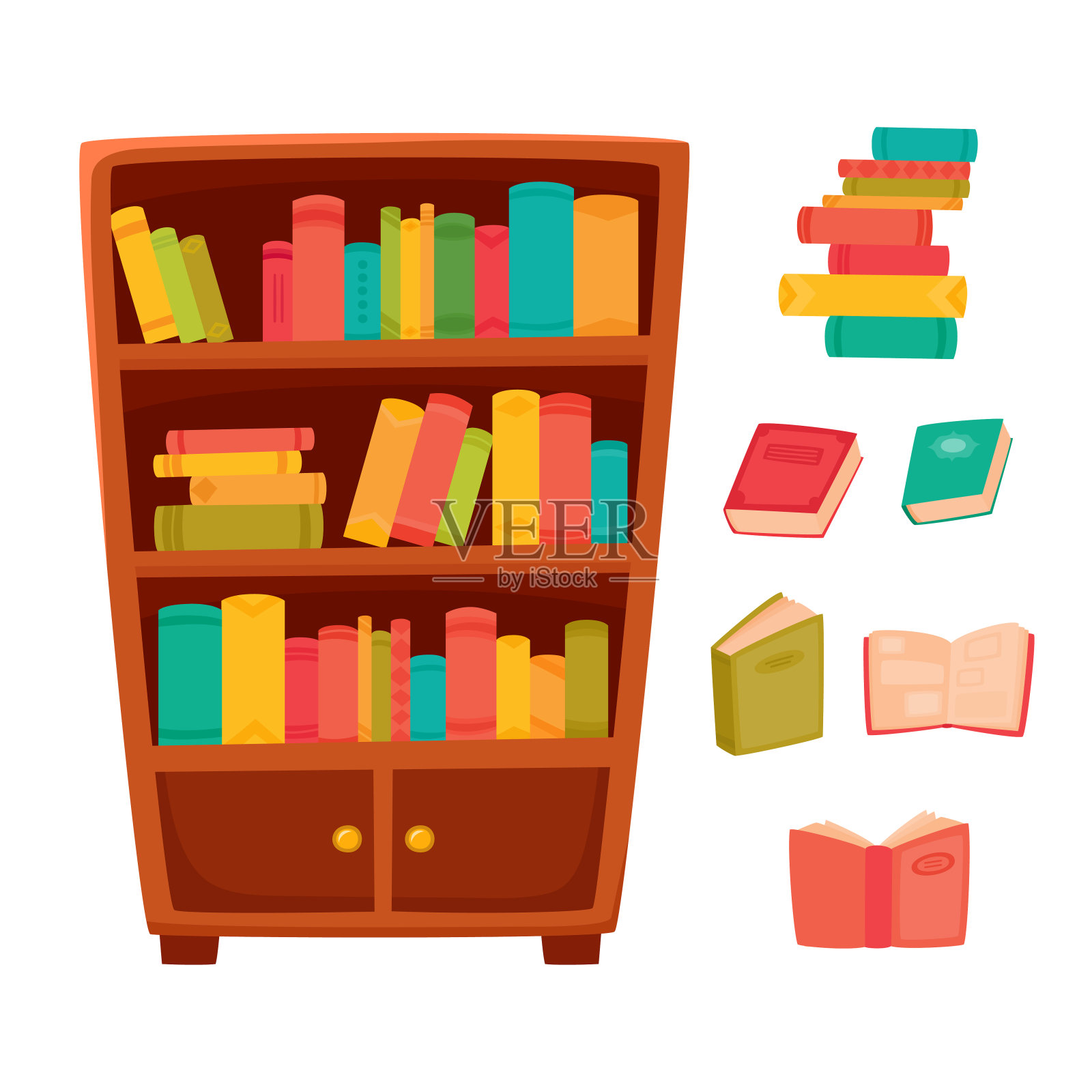 不同的书放在木书架上。插画图片素材