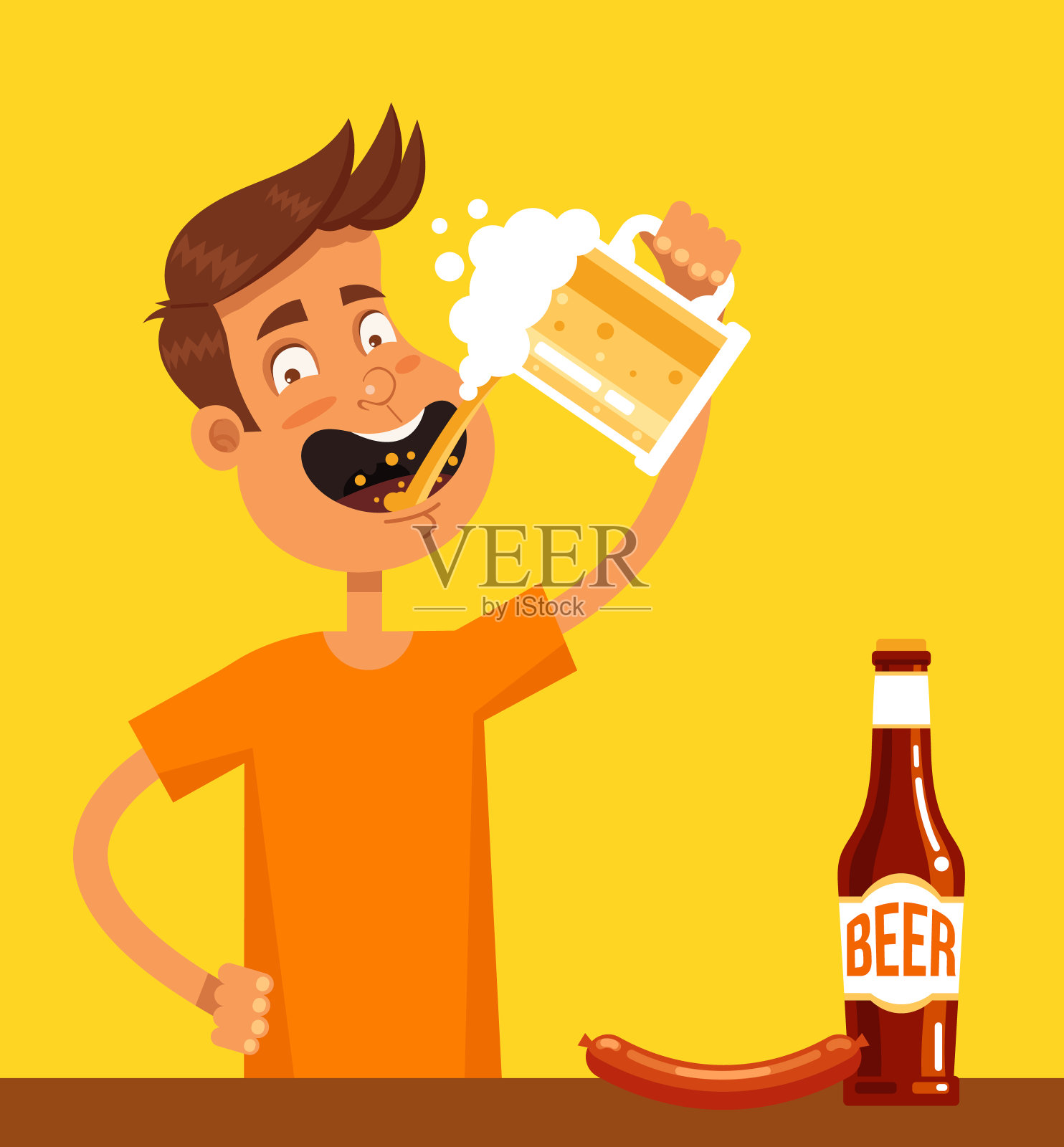 快乐微笑的男人人物吉祥物拿着杯子喝啤酒和饮料。庆祝节日酗酒成瘾元素概念。矢量平面卡通孤立设计图形说明插画图片素材