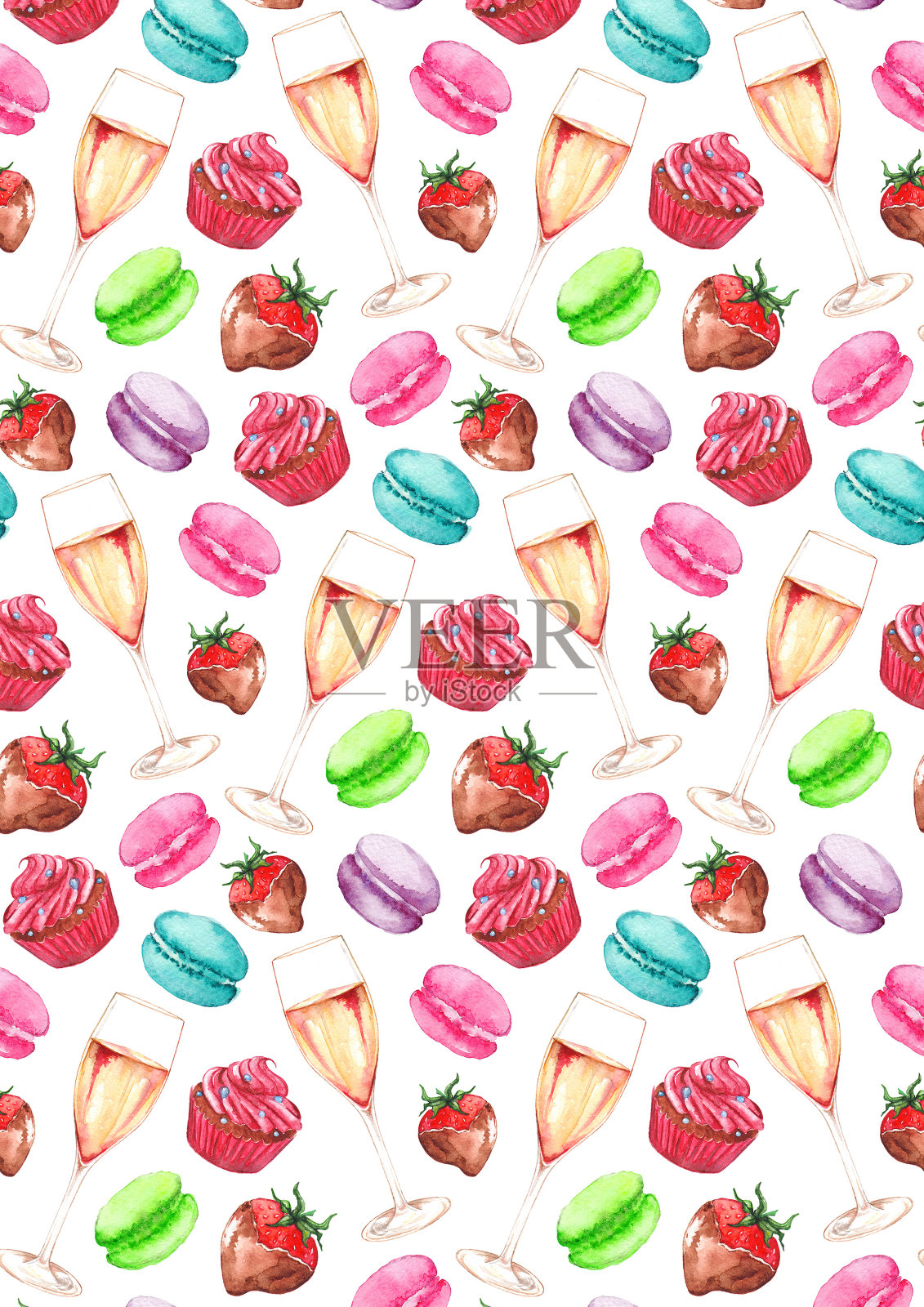 水彩香槟草莓巧克力纸杯蛋糕背景图案纹理插画图片素材