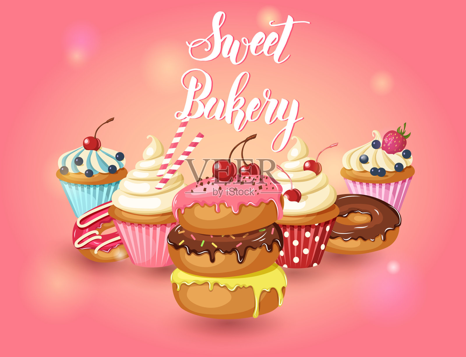 甜蜜的面包店。矢量釉面甜甜圈，蛋糕与樱桃，草莓和蓝莓在粉红色的背景。沙漠菜单，广告和横幅。食品设计插画图片素材